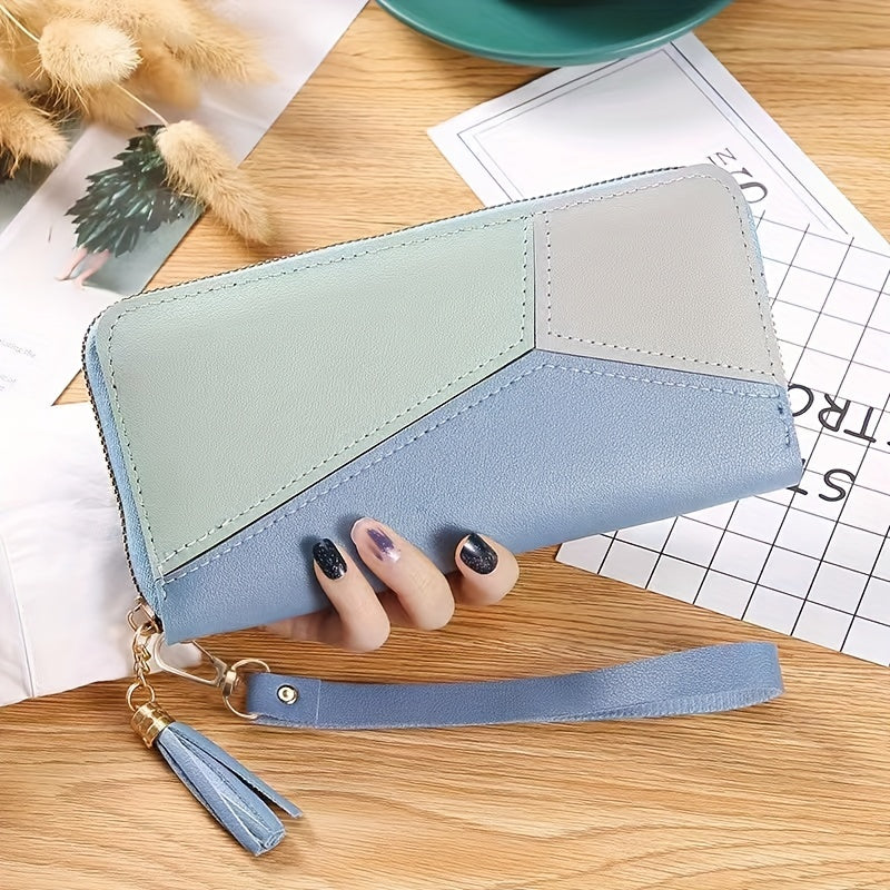 Women's Colorblock Long Wallet, Zipper Around Coin Purse, Classic Purse With Wristband