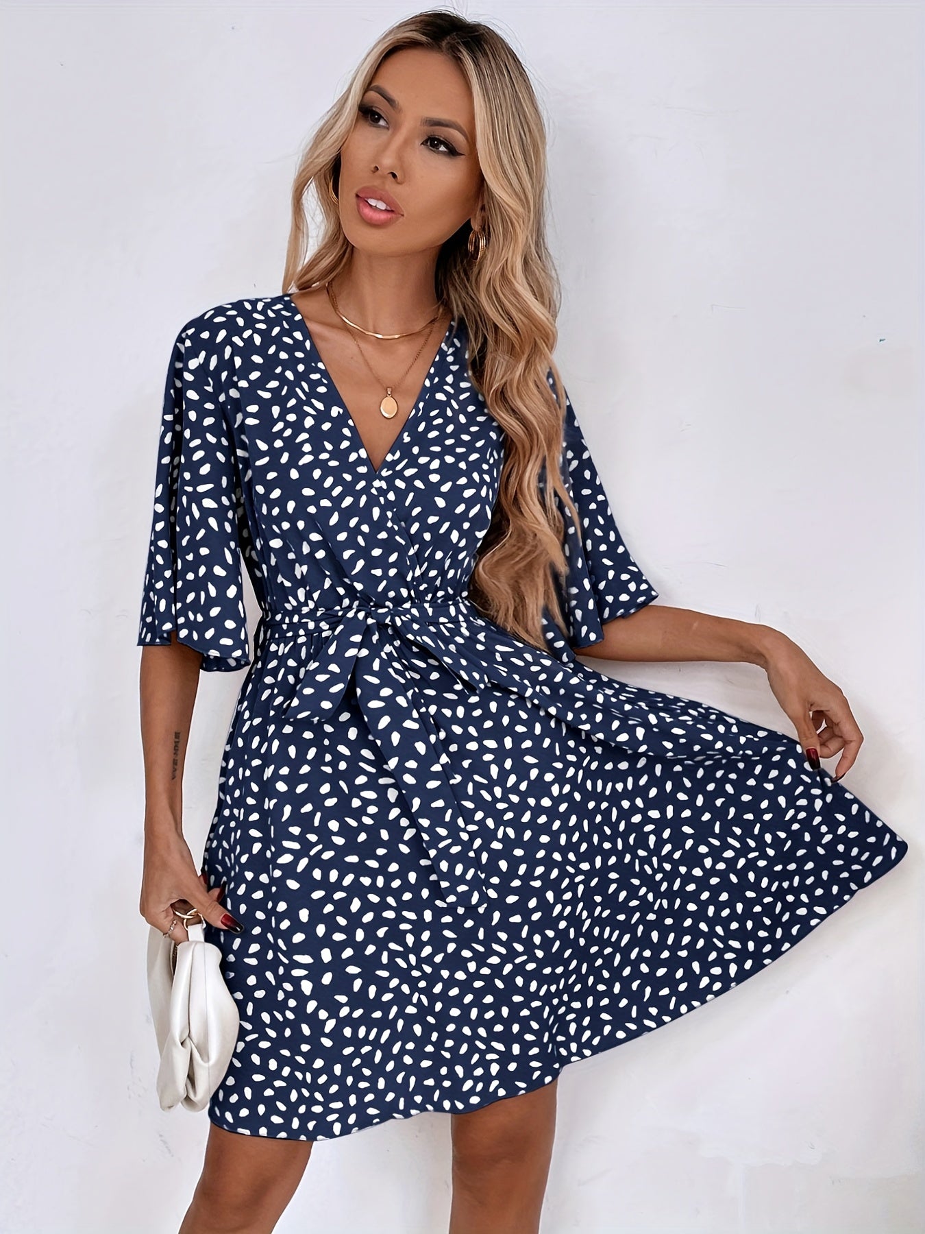 Allover Print Tie-waist Flared Sleeve Dress, Casual Surplice Neck A-line Dress, Women's Clothing
