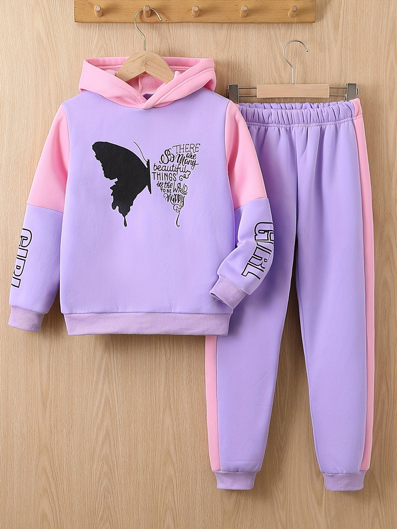 Girls 2-piece Butterfly Print Fleece Hooded Sweatshirt And Trousers Set Kids Pre Teen Girls Warm Active Clothes For 4-12 Years Old