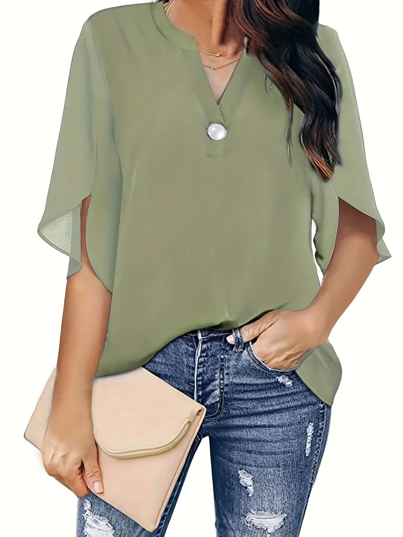 Plus Size Elegant Top, Women's Plus Plain Button Decor Half Sleeve V Neck Slight Stretch T-shirt