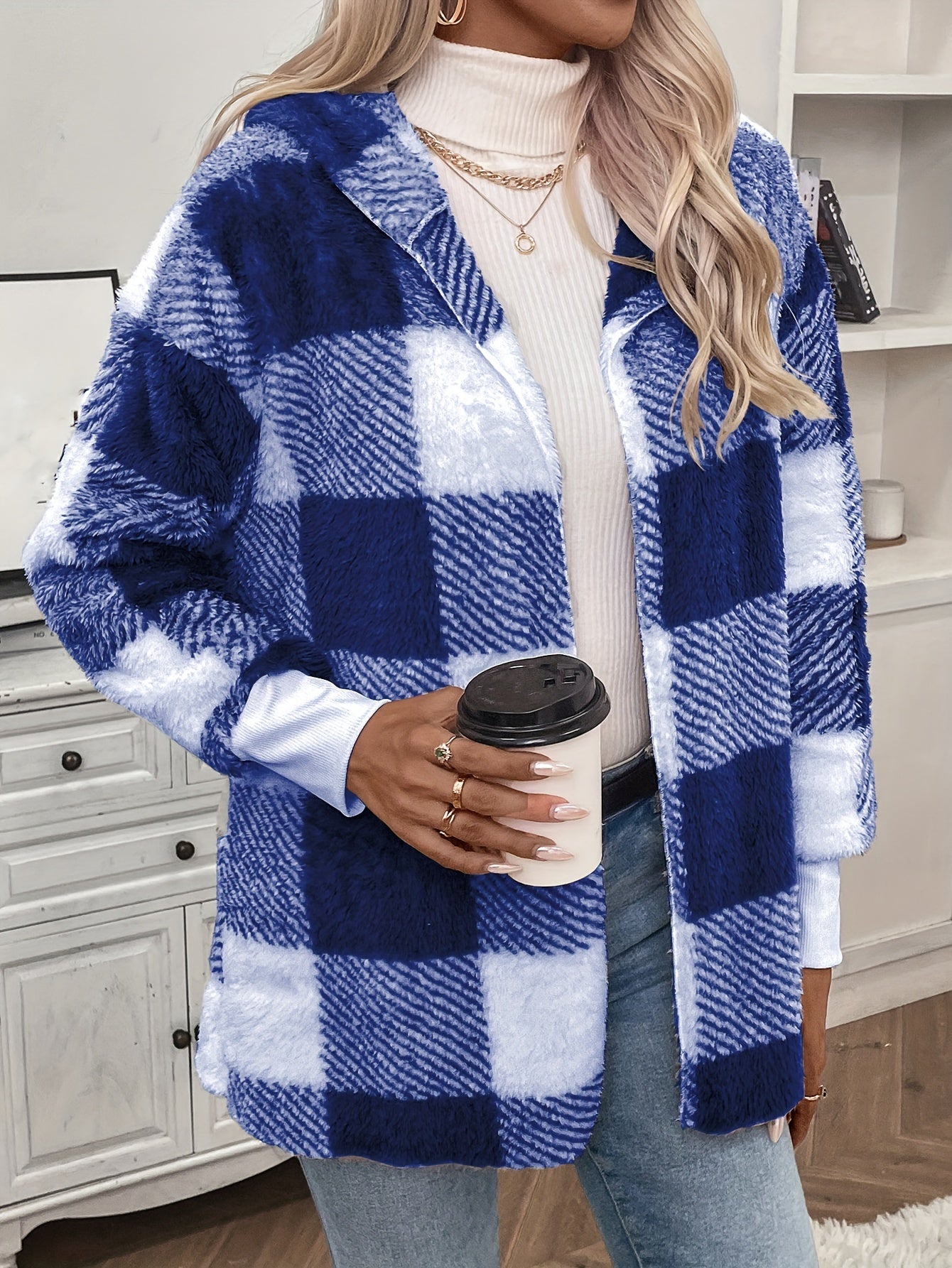 Plaid Hooded Teddy Coat, Casual Open Front Warm Outerwear, Women's Clothing