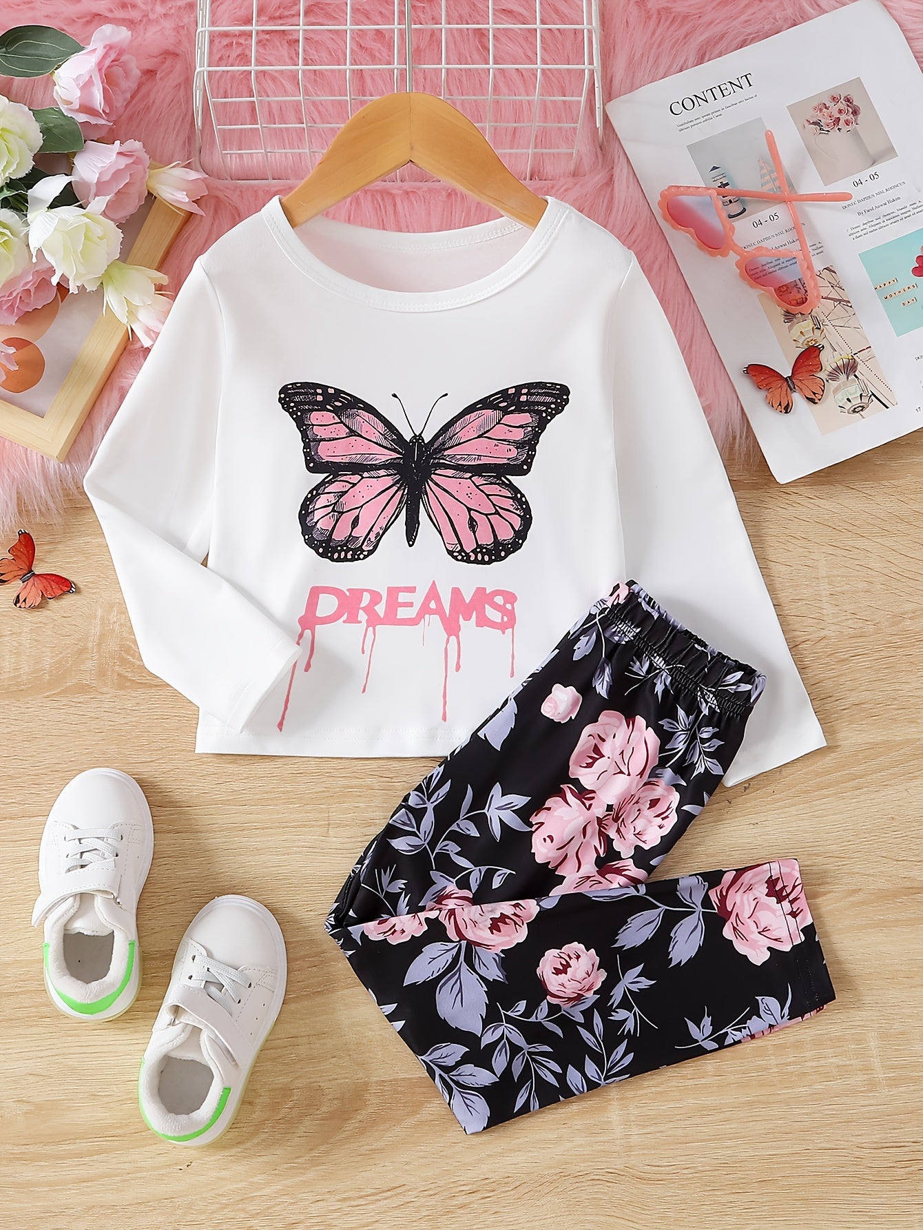 Girl's Butterfly Graphic Outfit 2pcs, Long Sleeve Top & Floral Pattern Pants Set, DREAMS Print Kid's Clothes For Spring Fall