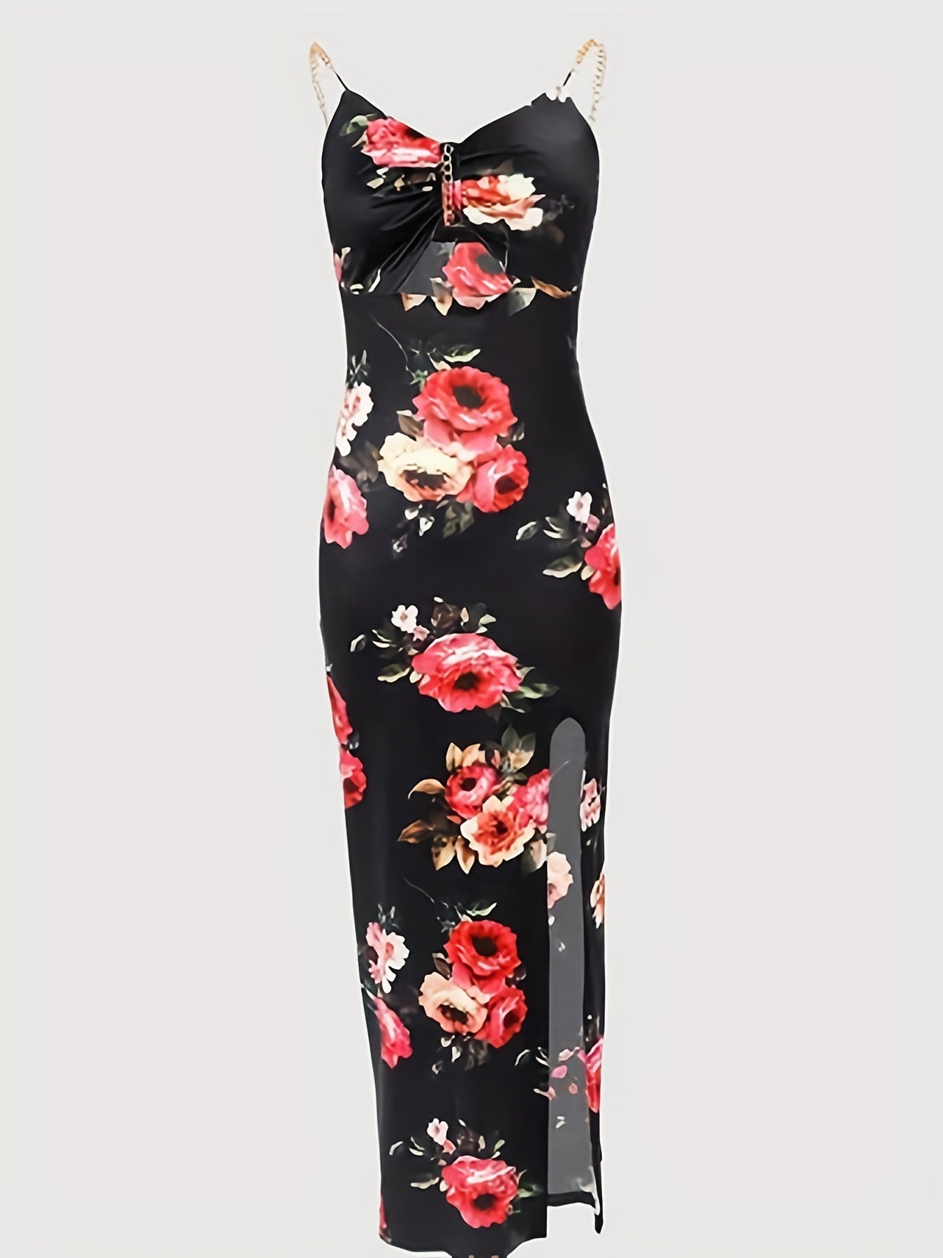 Floral Print Chain Strap Dress, Sexy Cut Out Sleeveless Bodycon Dress, Women's Clothing