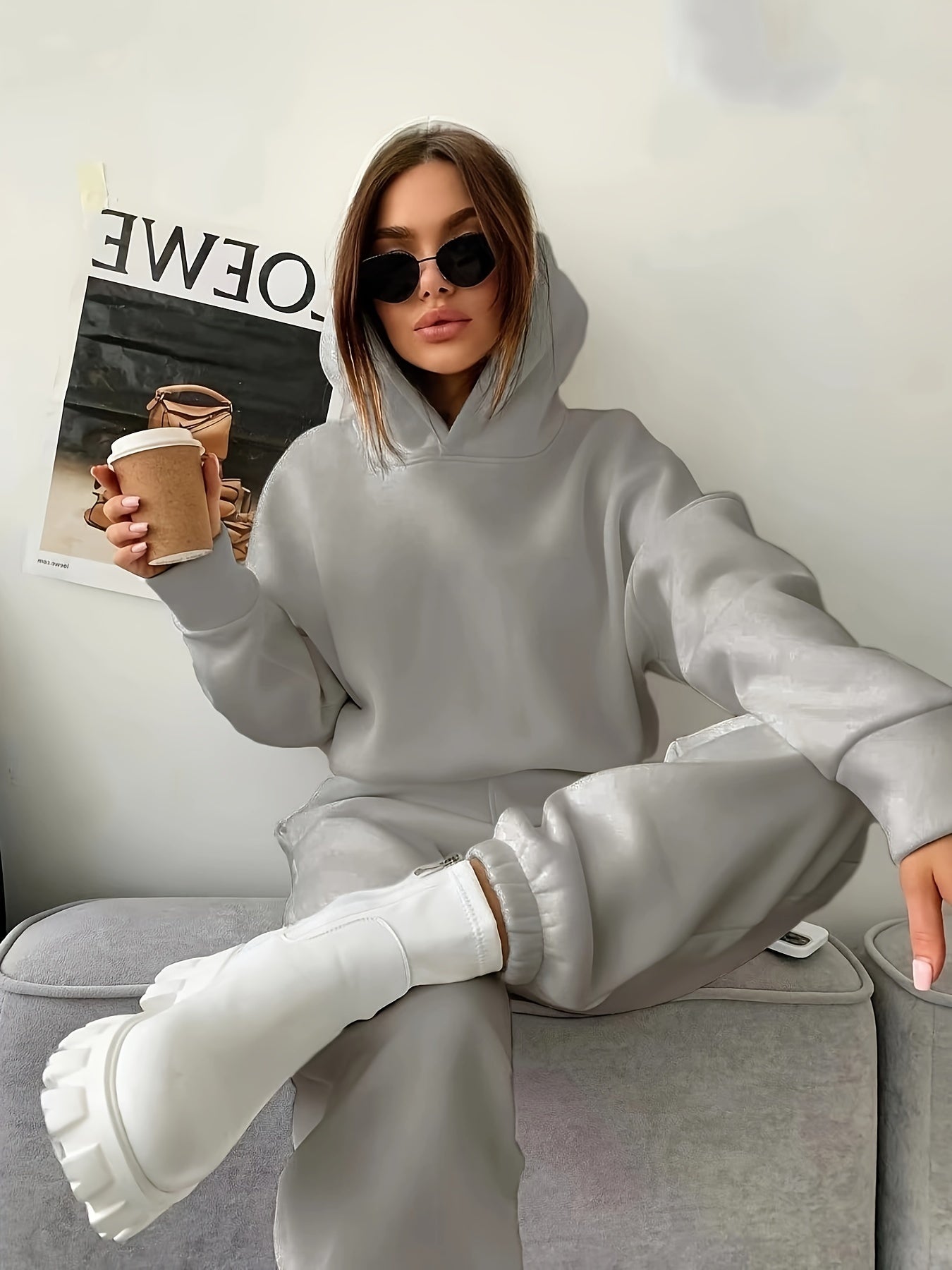 Casual Two-piece Set, Solid Hoodie & Elastic Waist Jogger Pants Outfits, Women's Clothing