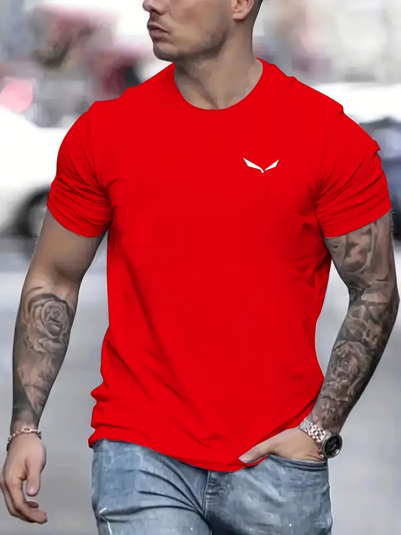 Bird Print T-shirt, Men's Casual Street Style Slightly Stretch Round Neck Tee Shirt For Summer Fall