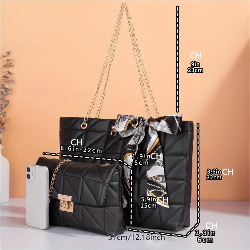 4 Pcs Quilted Detail Bag Sets, Solid Color Tote Bag With Shoulder Chain Bag & Purse & Crossbody Bag, Classic Bags With Scarf Decor