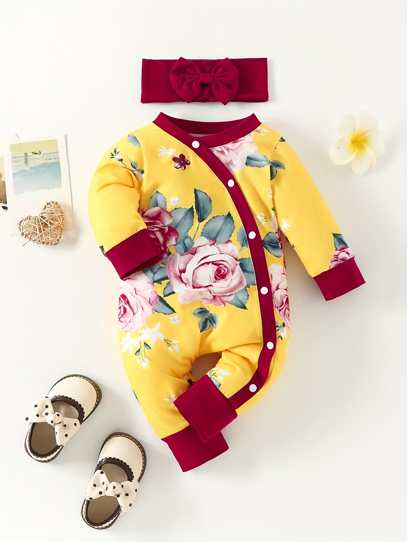 2pcs Baby Girls Floral Graphic Long Sleeve Romper & Headband Set