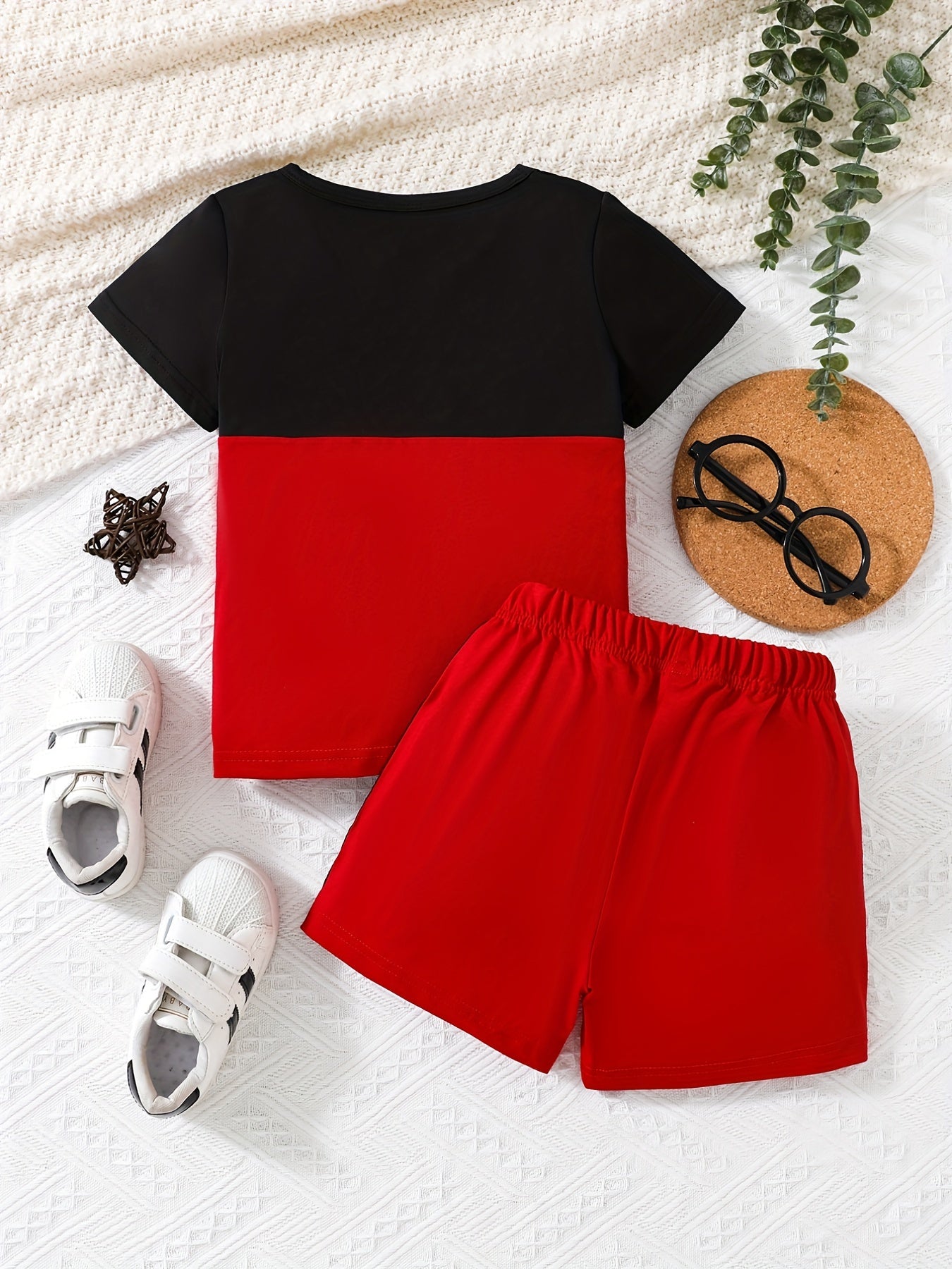 Boys Color Block Letter Outfit Shorts & T-shirt Short Sleeves Crew Neck Casual Summer Kids Clothes