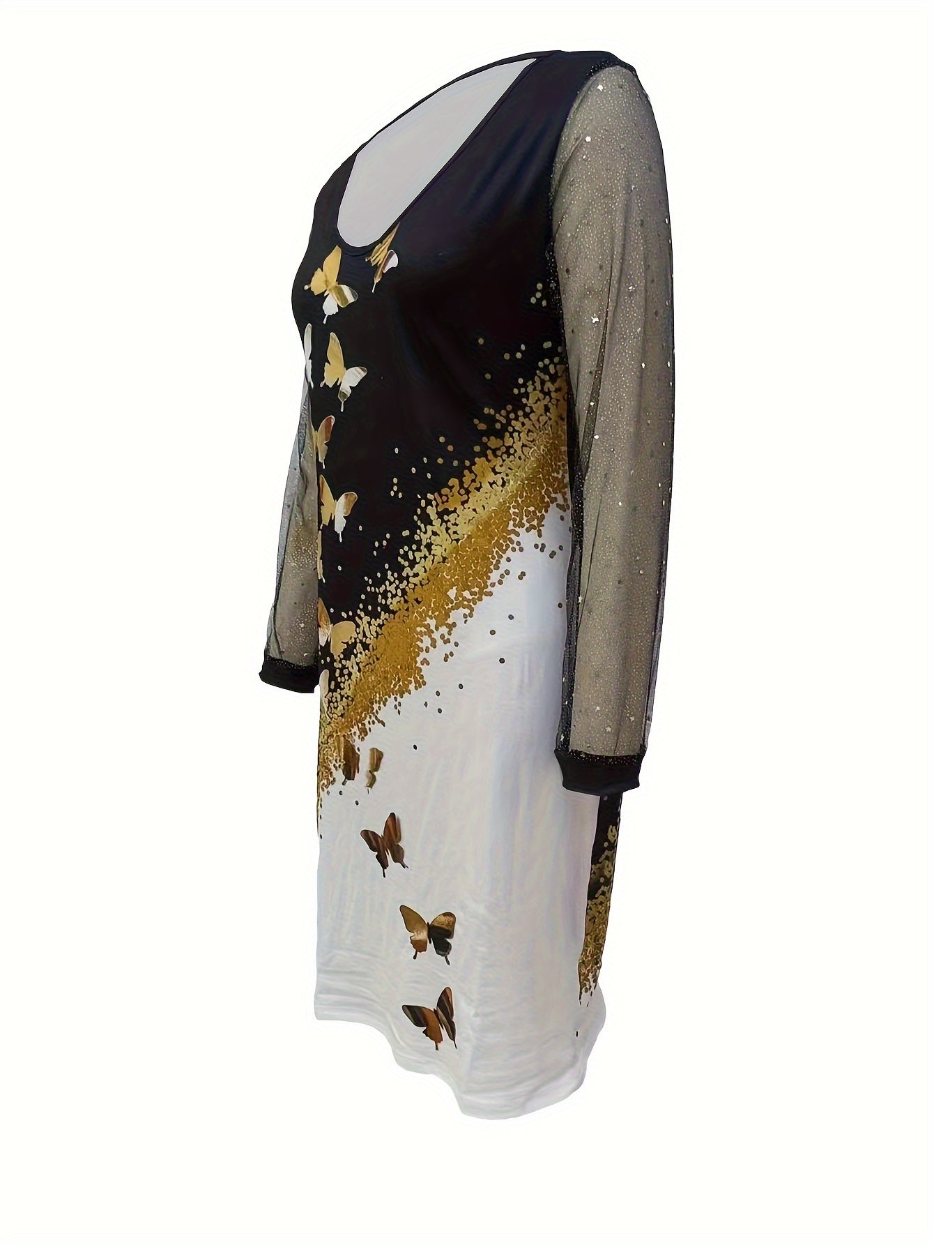 Plus Size Casual Dress, Women's Plus Golden Butterfly & Dot Print Contrast Mesh Long Sleeve V Neck Knee Length Dress