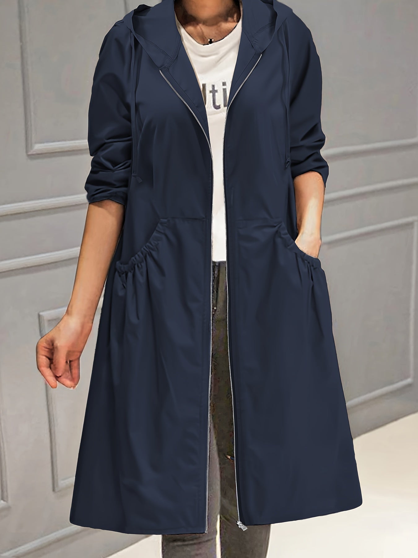 Plus Size Casual Trench Coat, Women's Plus Solid Long Sleeve Hooded Drawstring Zipper Longline Trench Coat With Pockets