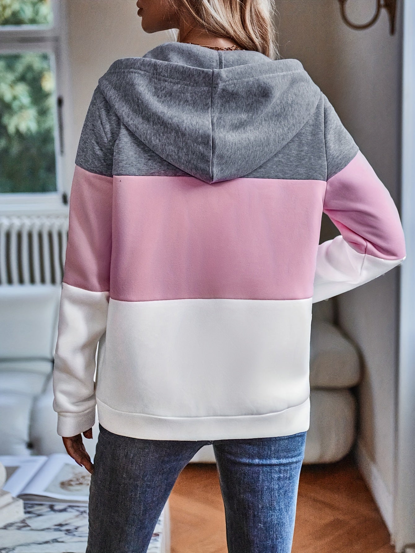 Color Block Zip Up Hoodie, Casual Long Sleeve Drawstring Hoodies Sweatshirt, Women's Clothing