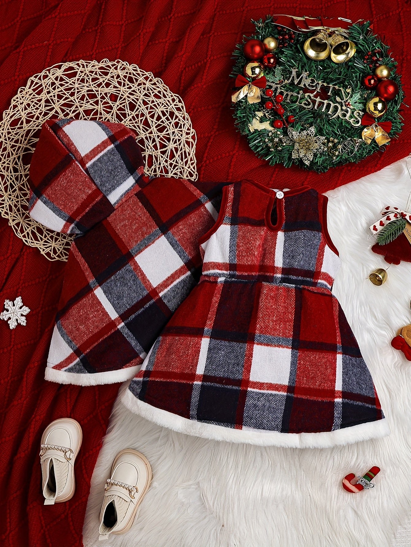 Toddler Baby Girls Stylish Fleece Lined Plaid Coat + Plaid Dress Set Fall Winter Warm Outfit