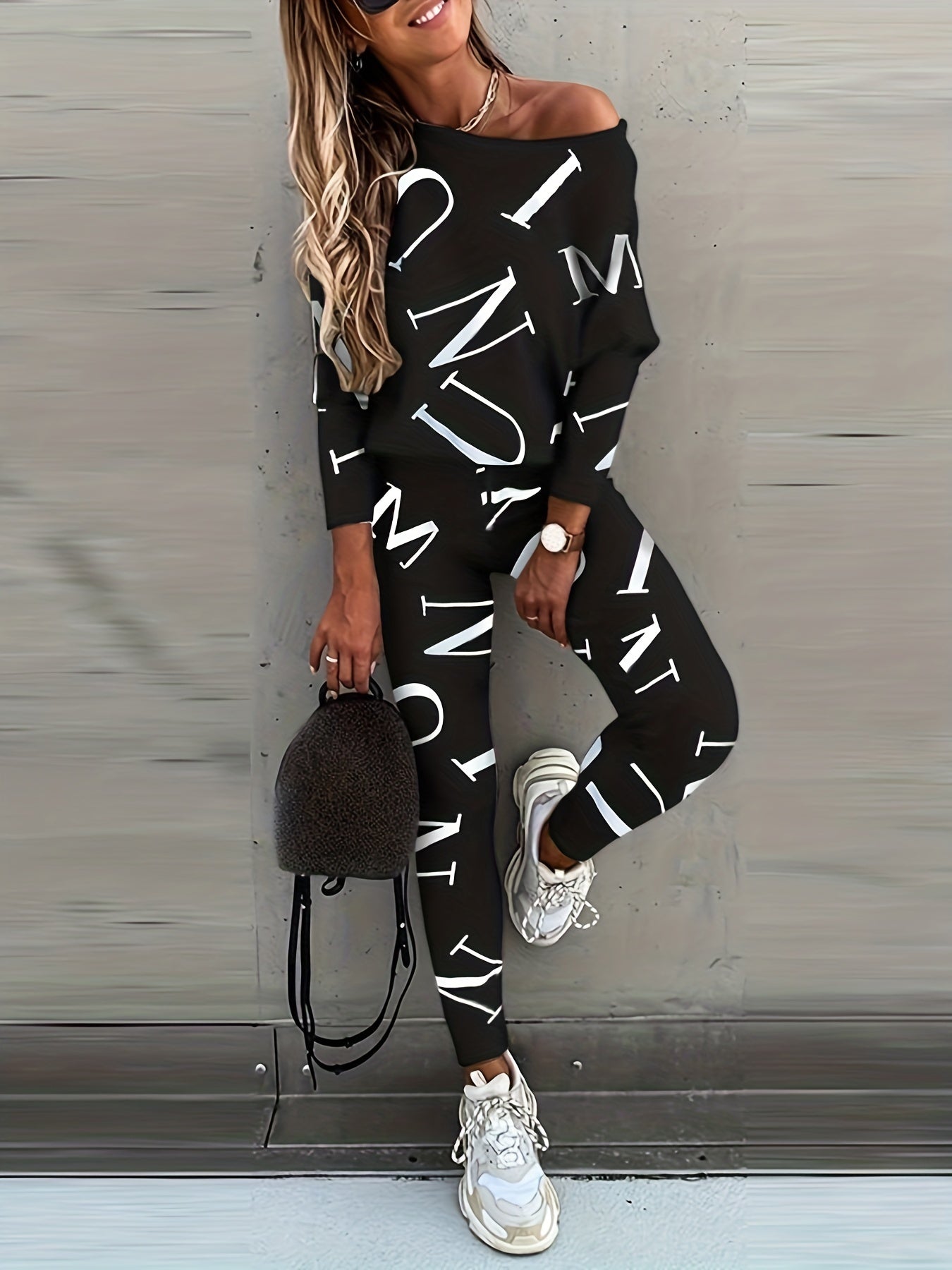 Letter Print Casual Two-piece Set, Crew Neck Long Sleeve Tops & Slim Pants Outfits, Women's Clothing