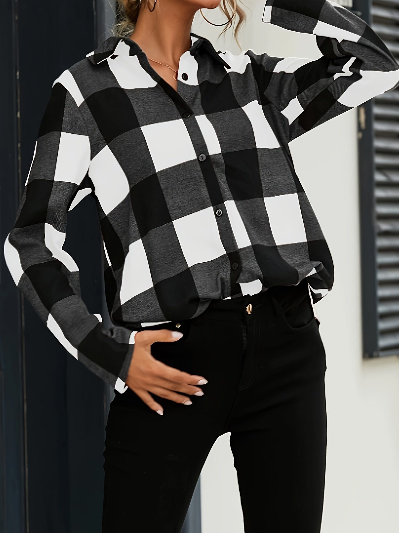 Plaid Print Long Length Shirt, Casual Button Front Long Sleeve Shirt, Women's Clothing