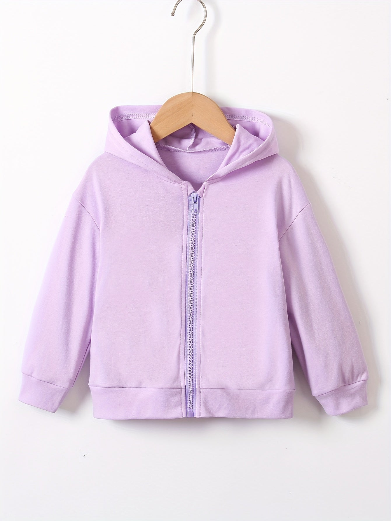 Girls Plain Color Hooded Jacket Zipper Casual Long Sleeve Cardigan For Kids 4-7 Years Old