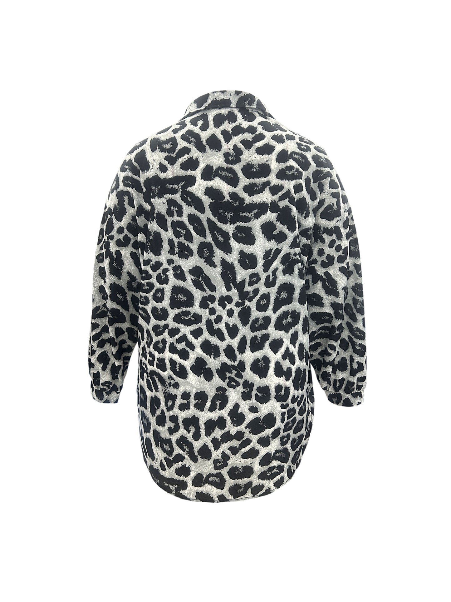 Plus Size Casual Blouse, Women's Plus Leopard Print Long Sleeve Lapel Collar Button Up Oversized Blouse