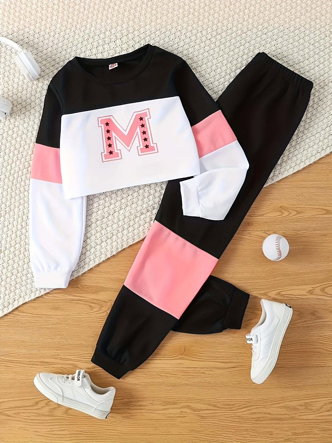 Alphabet Print Trendy Girls Color Block Long Sleeve Sweatshirt & Sports Pants Set, Girls Casual Outfit For Spring Fall