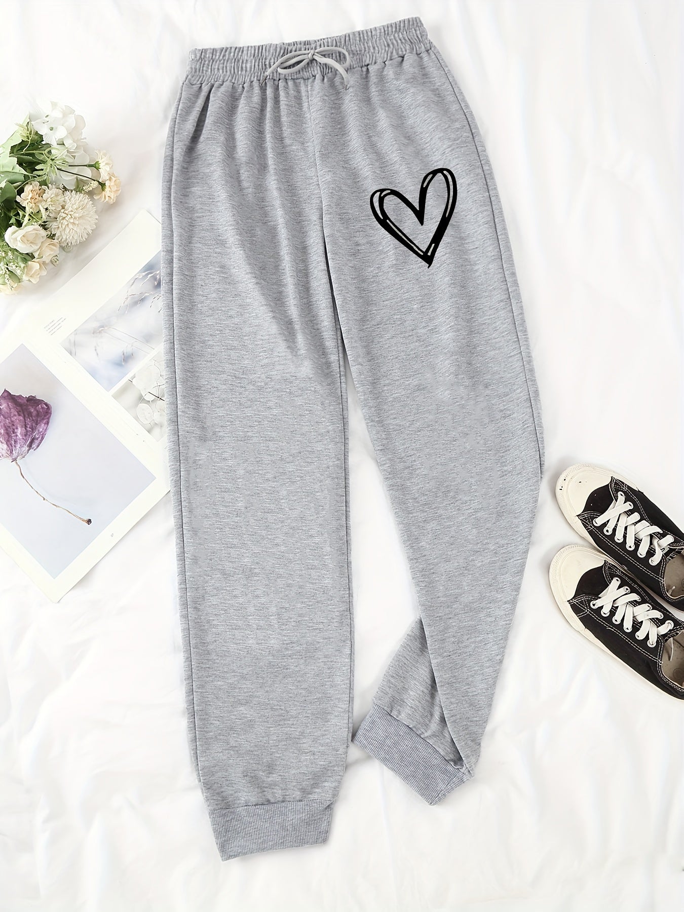 Hearts Print Jogger Pants, Drawstring Waist Casual Sports Sweatpants, Women's Clothing