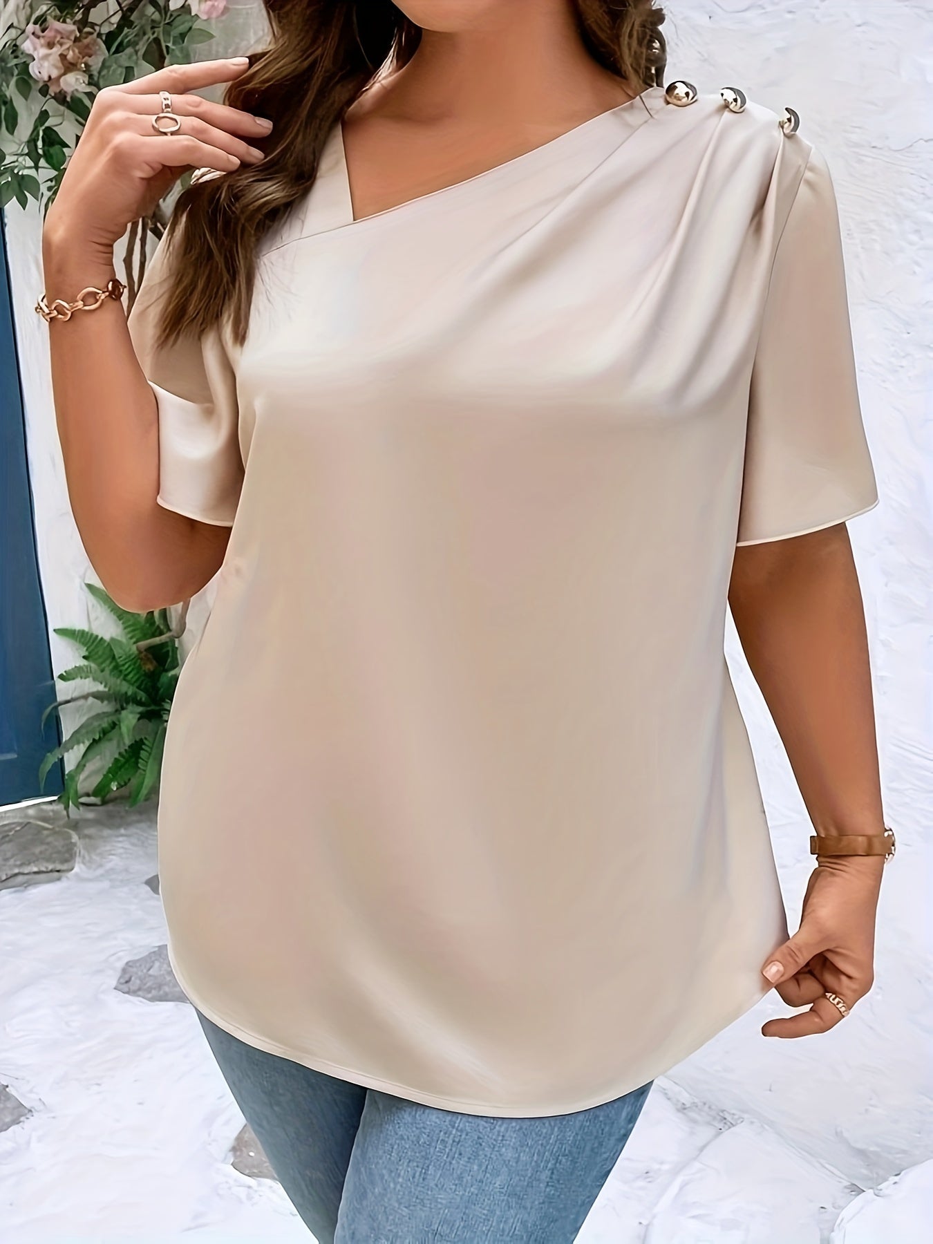 Plus Size Casual Blouse, Women's Plus Solid Flutter Sleeve Irregular Neck Metal Decor Blouse