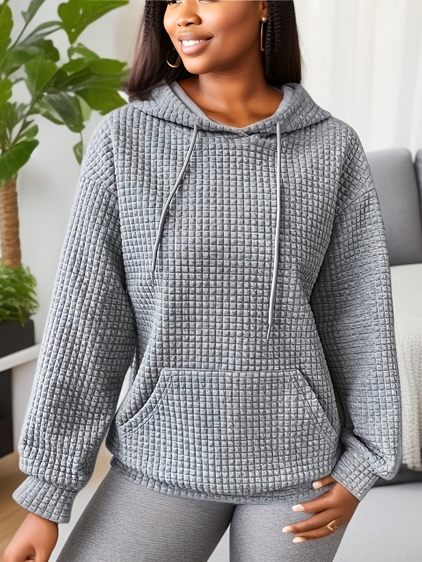 Plus Size Casual Sweatshirt, Women's Plus Solid Waffle Knit Long Sleeve Drawstring Hoodie With Giant Pocket