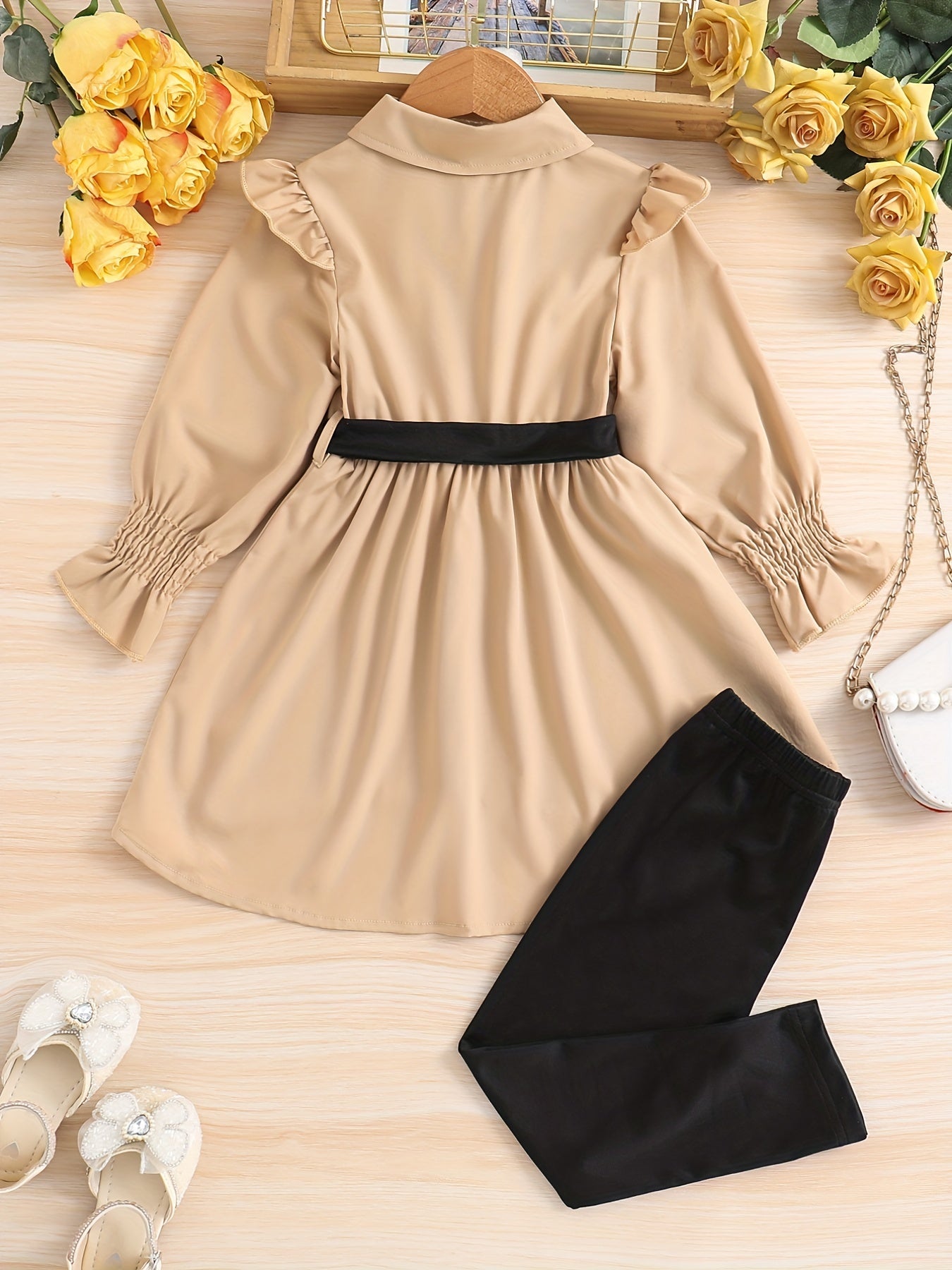 Lapel Long Sleeve Top & Trousers With Belt Girl's Two-piece Set, Spring And Autumn Daily Casual Outwear Clothes