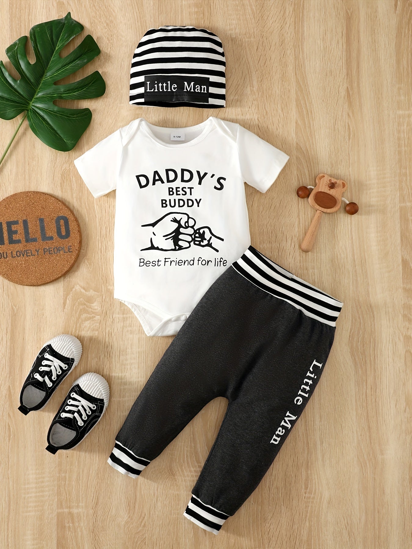 3pcs Baby Boys Cute "Daddy's Best Buddy/LIL KING/LIL BRO" Short Sleeve Onesie Romper & Pants & Hat Set, Kids Clothes