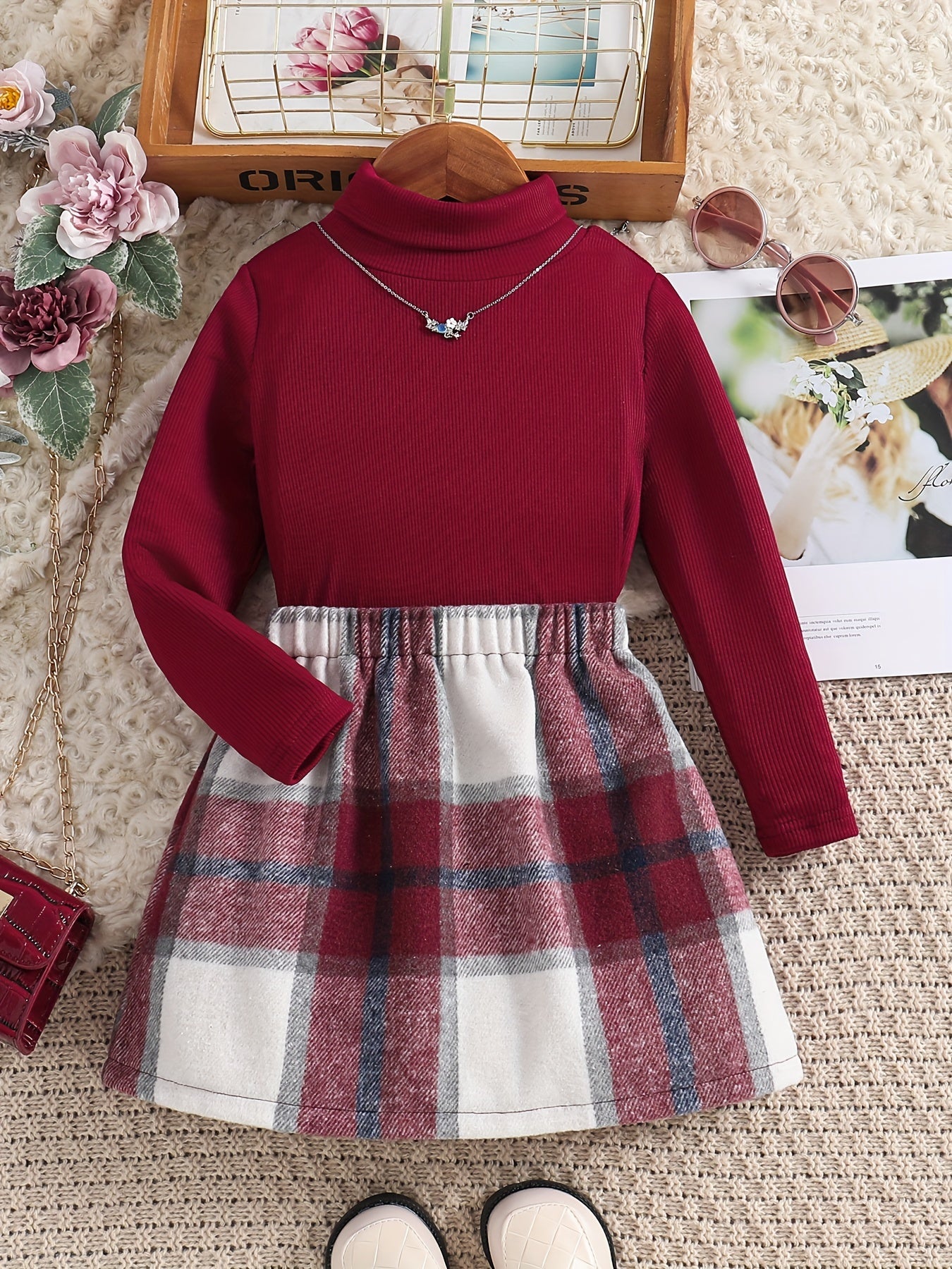 2pcs Girl's Casual Outfit, Turtleneck Top & Plaid Pattern Skirt Set, Toddler Kid's Clothes For Spring Autumn