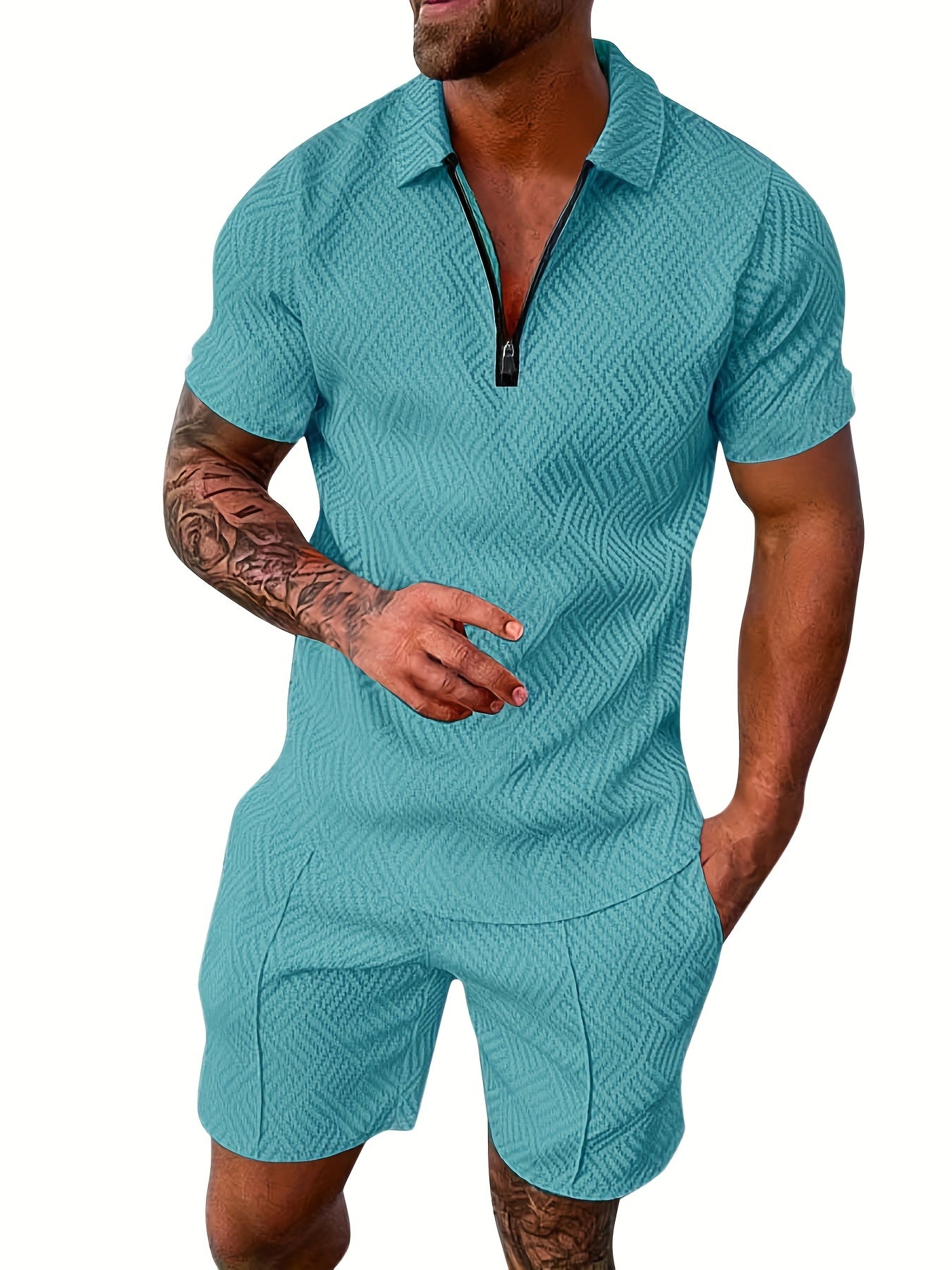 Men's Polyester Thin V-neck Zipper Sweatsuits With V-neck Zipper T-shirt & Shorts Christmas Gifts Best Sellers