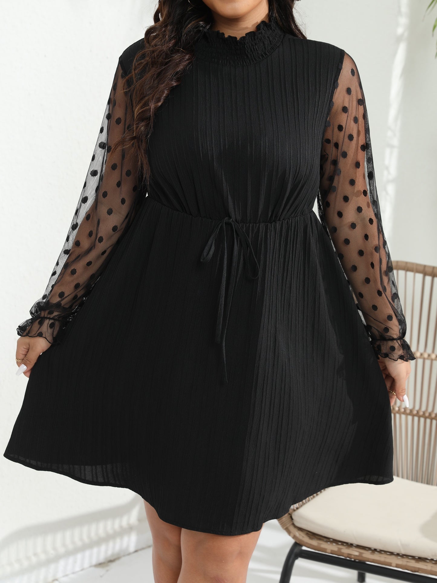 Plus Size Elegant Dress, Women's Plus Solid Ribbed Contrast Mesh Flounce Sleeve Tie Front Mock Neck Knee Length Dress