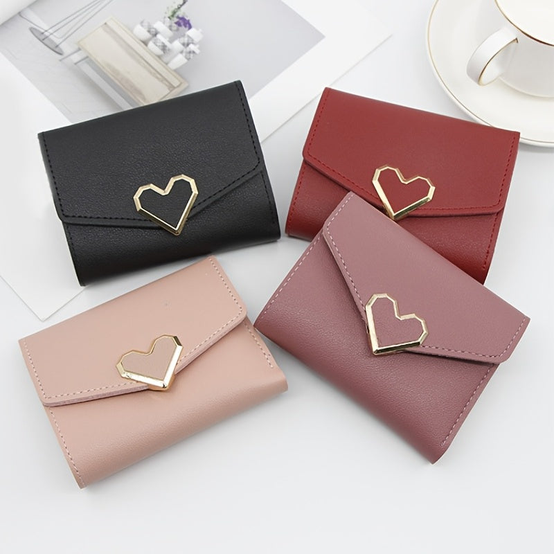 Women's Stylish Short Wallet, Faux Leather Casual Trifold Coin Purse, Simple Purse With Metal Love Decor