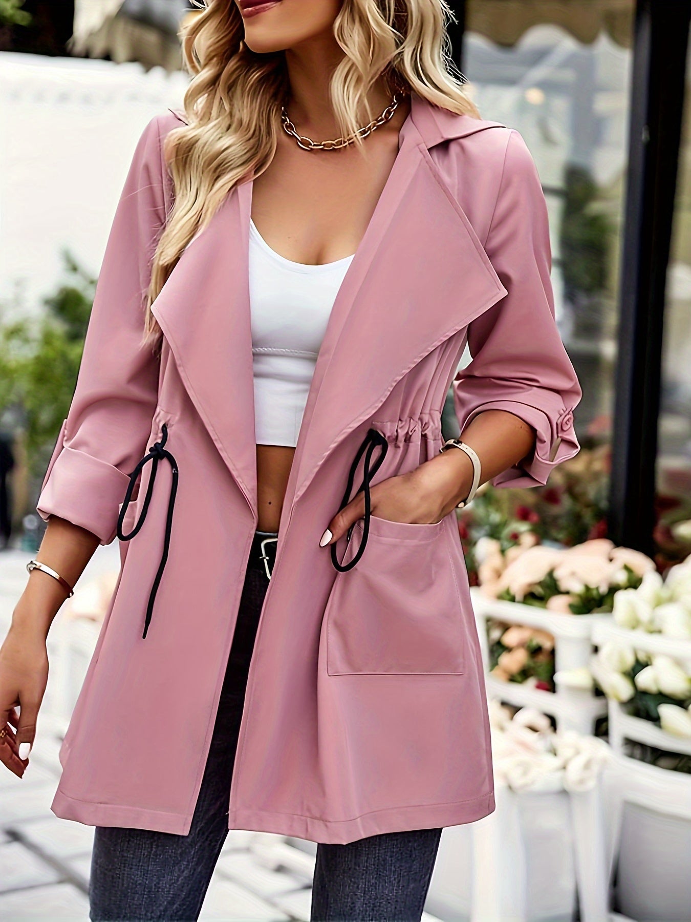 Plus Size Casual Trench Coat, Women's Plus Solid Drawstring Long Sleeve Open Front Lapel Collar Tunic Trench Coat