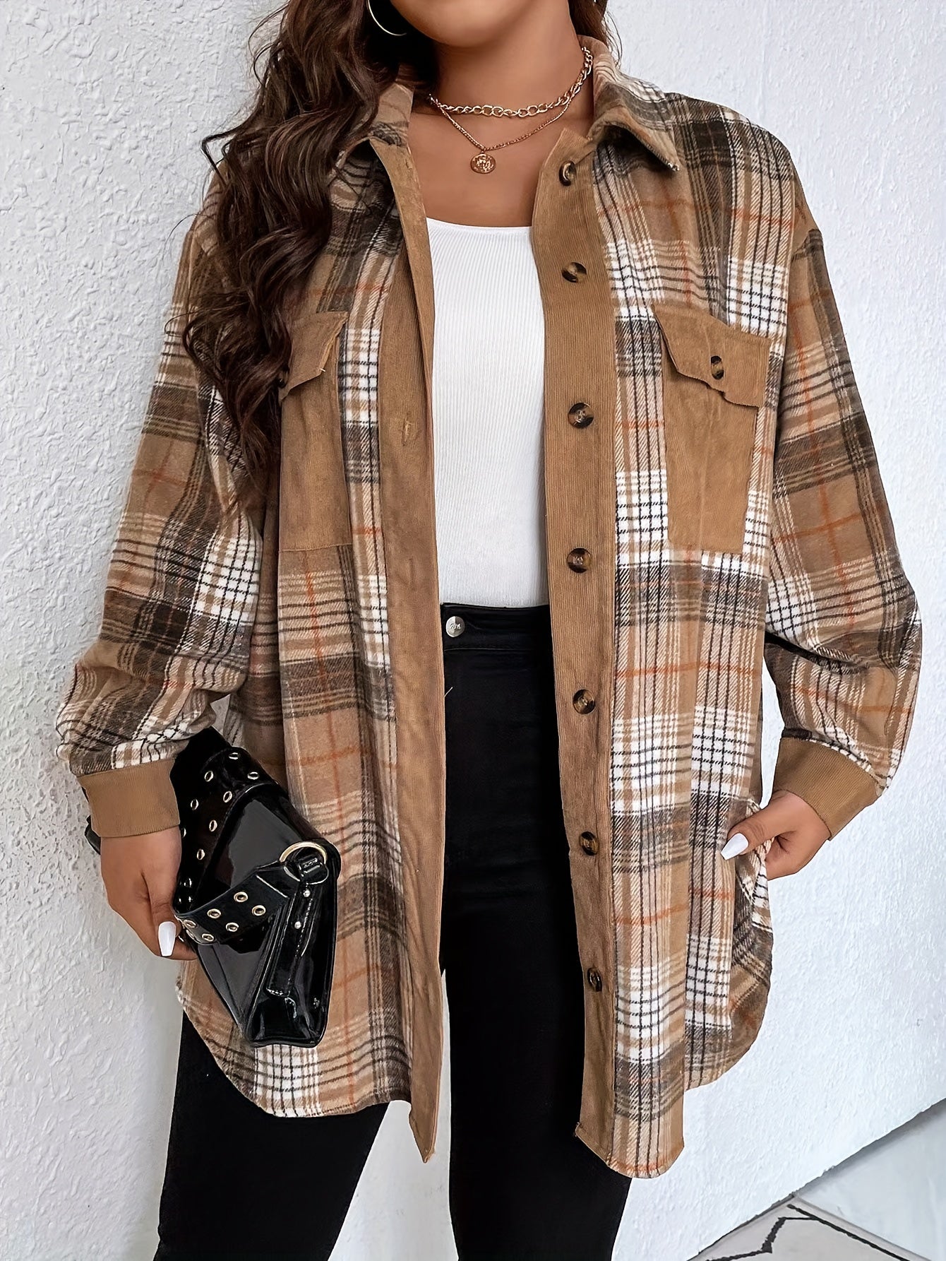 Plus Size Casual Blouse, Women's Plus Plaid Print Button Up Lantern Sleeve Turn Down Collar Tunic Shirt With Flap Pocket
