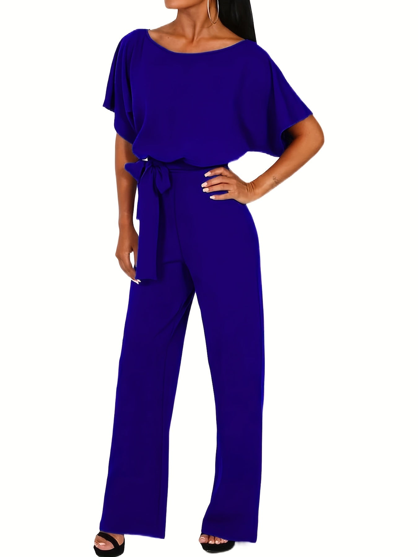 Tie Waist Straight Leg Jumpsuit, Casual Short Sleeve Jumpsuit For Spring & Summer, Women's Clothing