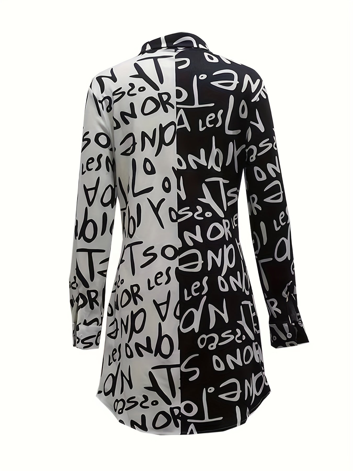 Plus Size Casual Dress, Women's Plus Colorblock Letter Print Button Up Long Sleeve Turn Down Collar Shirt Dress