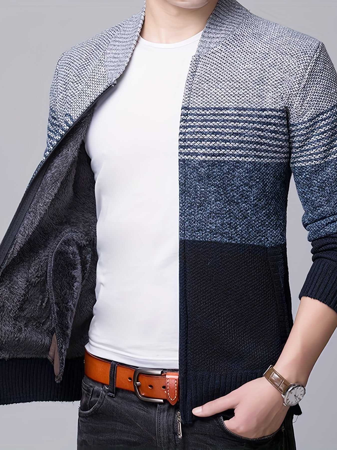 Color Block Warm Zip Up Jacket Sweater, Men's Casual Stand Collar Mid Stretch Cardigan For Fall Winter