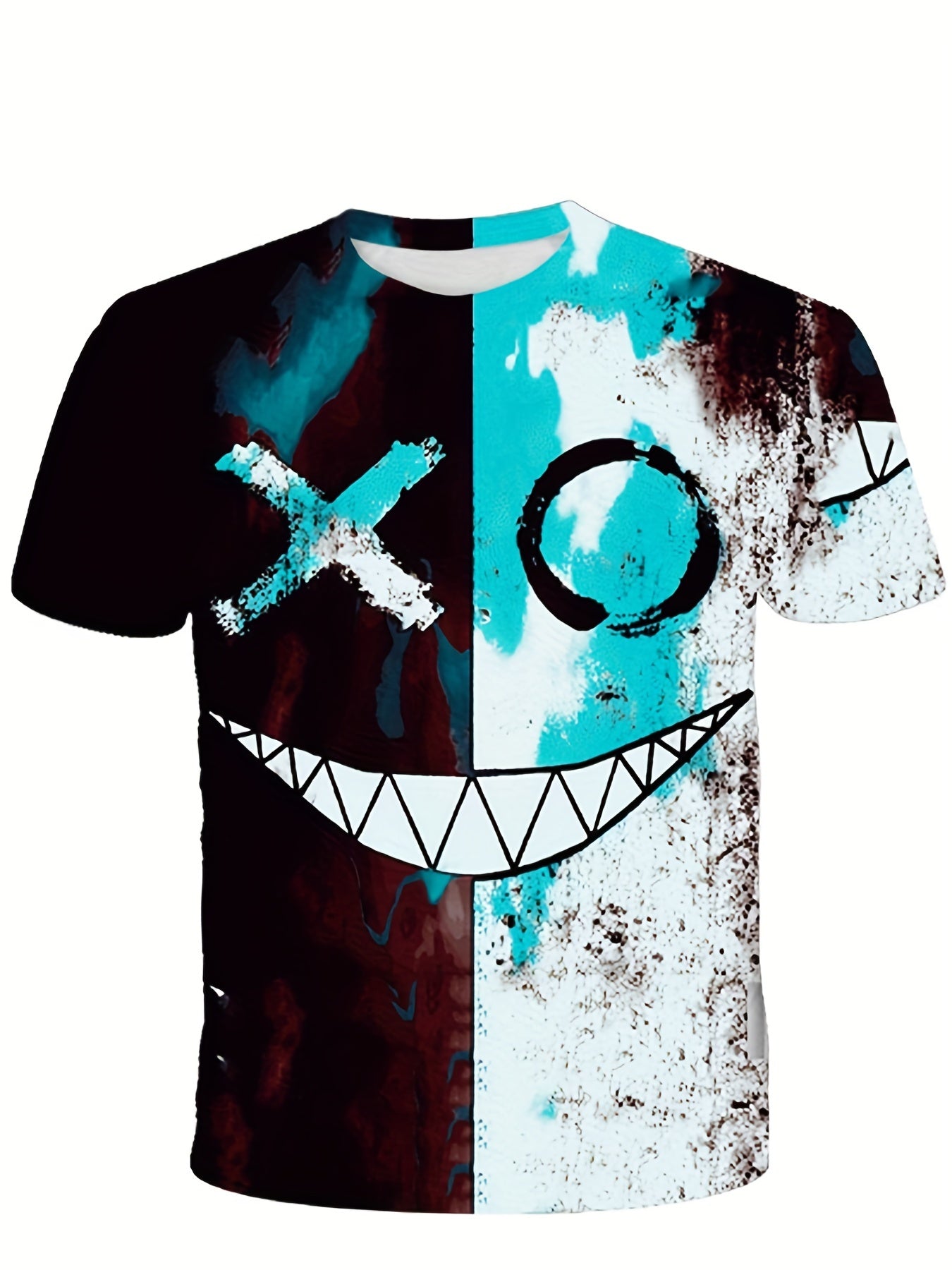 Colorful Graffiti Face T-Shirt For Boys - 3D Digital Print, Active & Stretchy Short Sleeve Tee For Summer Outdoor Fun