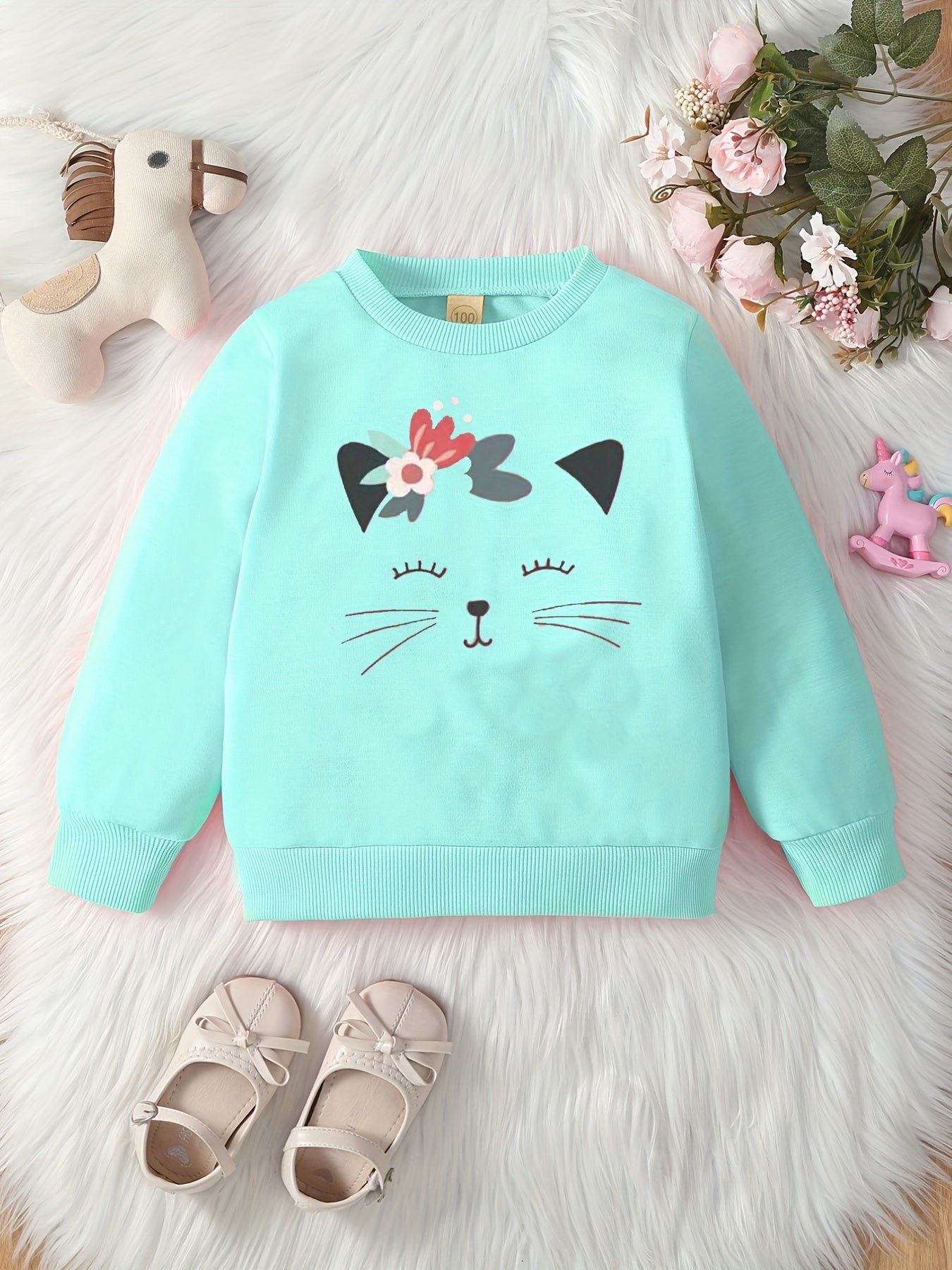 Kid's Cartoon Floral Pattern Sweatshirt, Casual Long Sleeve Top, Toddler Girl's Clothes For Spring Fall