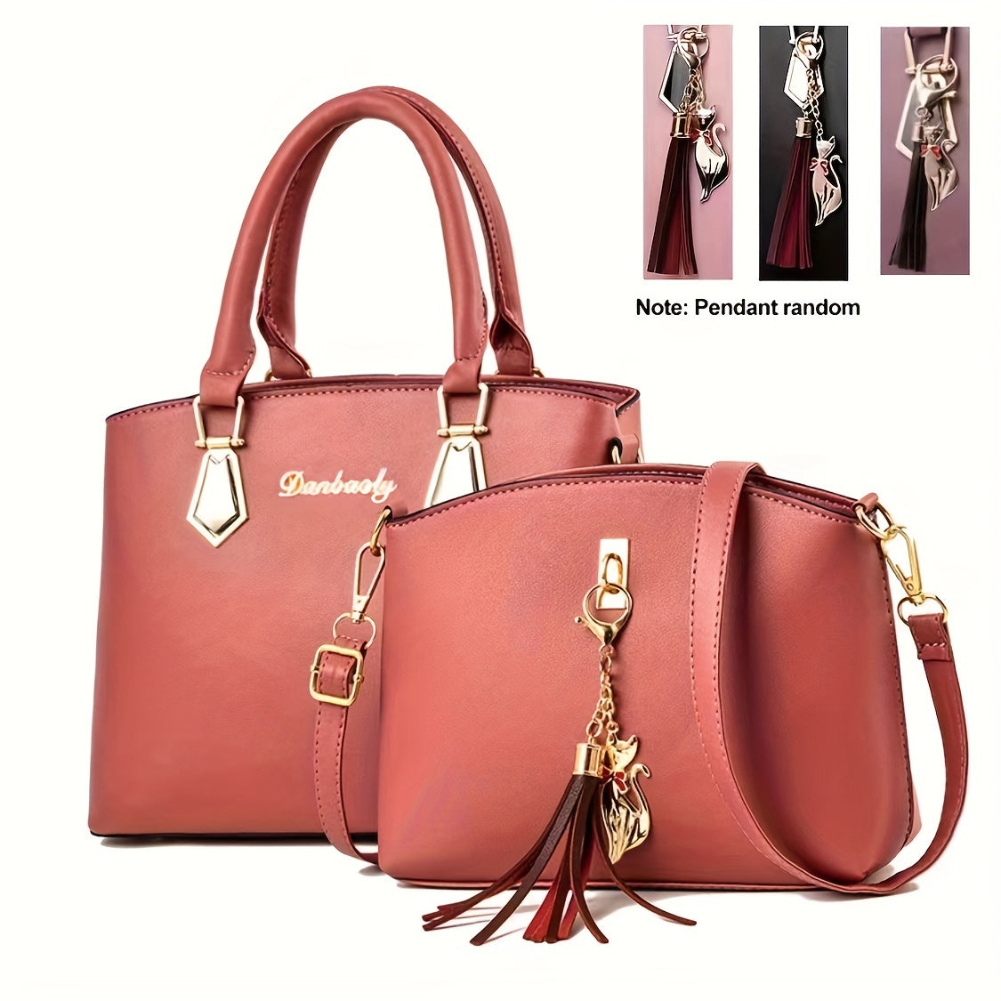 2pcs Tassel Pendant Tote Bag Crossbody Set, PU Leather Large Capacity Shoulder Bag, Casual Versatile Commuter Bag