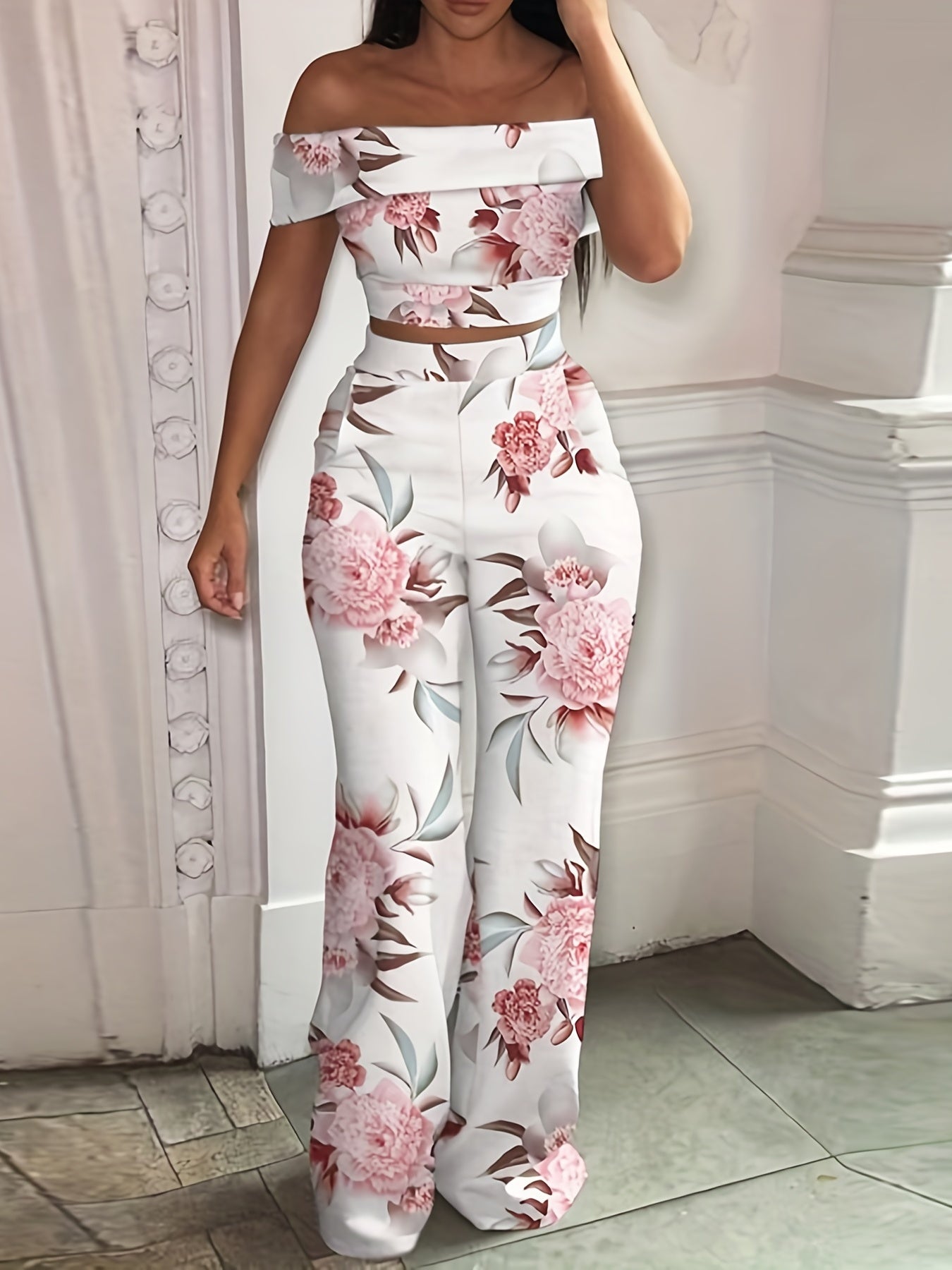 Solid Simple Two-piece Set, Off Shoulder Cropped Vest & High Waist Wide Leg Long Length Pants Outfits, Women's Clothing