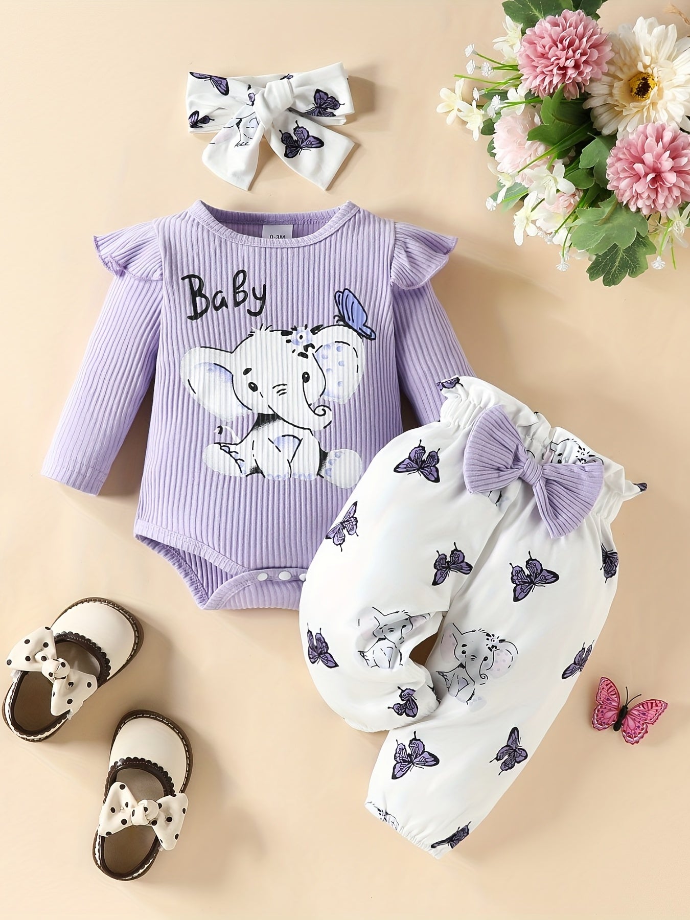 3pcs Cute Elephant Butterfly Graphic Long Sleeve Triangle Romper & Bow Pants & Free Headband Set, Baby Girl's Lovely Casual Outfits Of Multicolor Options