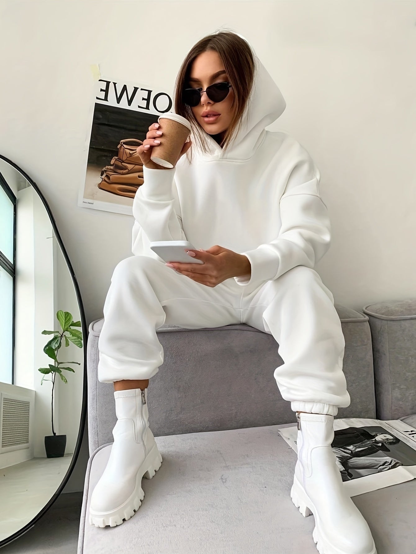 Casual Two-piece Set, Solid Hoodie & Elastic Waist Jogger Pants Outfits, Women's Clothing