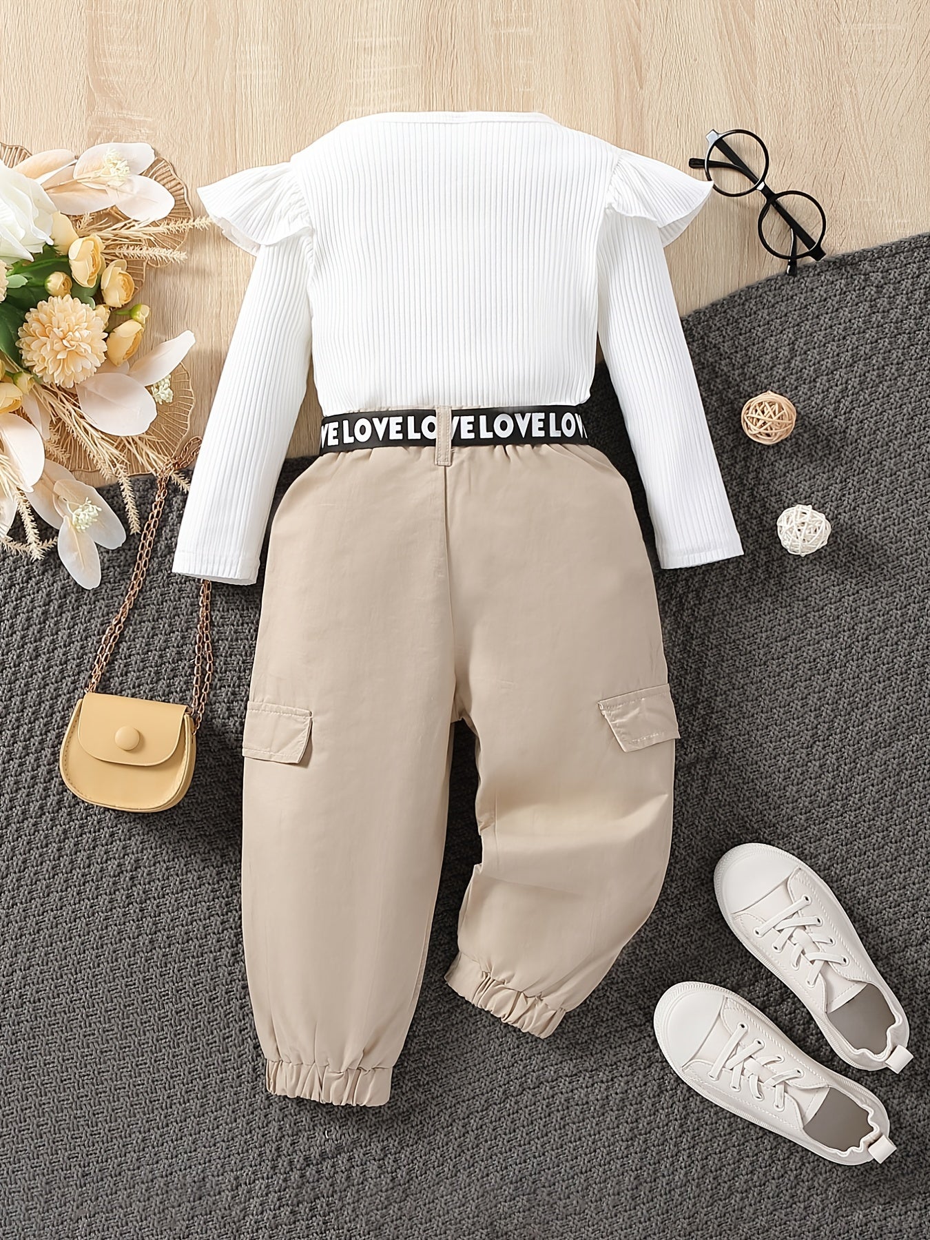 2pcs Baby Girls Ruffle Long Sleeve Round Neck Knitted Top & Cargo Pant Set Kids Clothes