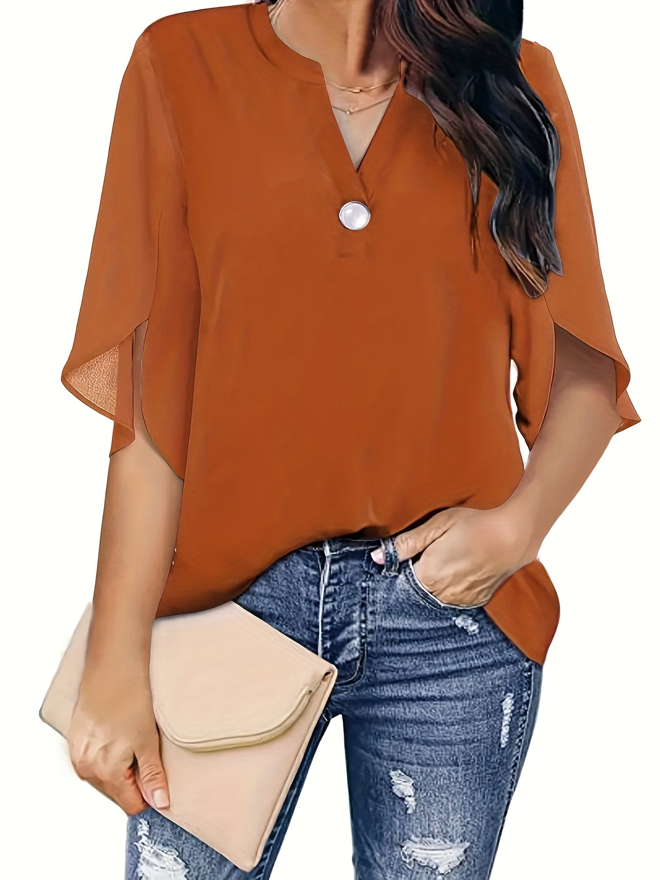 Plus Size Elegant Top, Women's Plus Plain Button Decor Half Sleeve V Neck Slight Stretch T-shirt