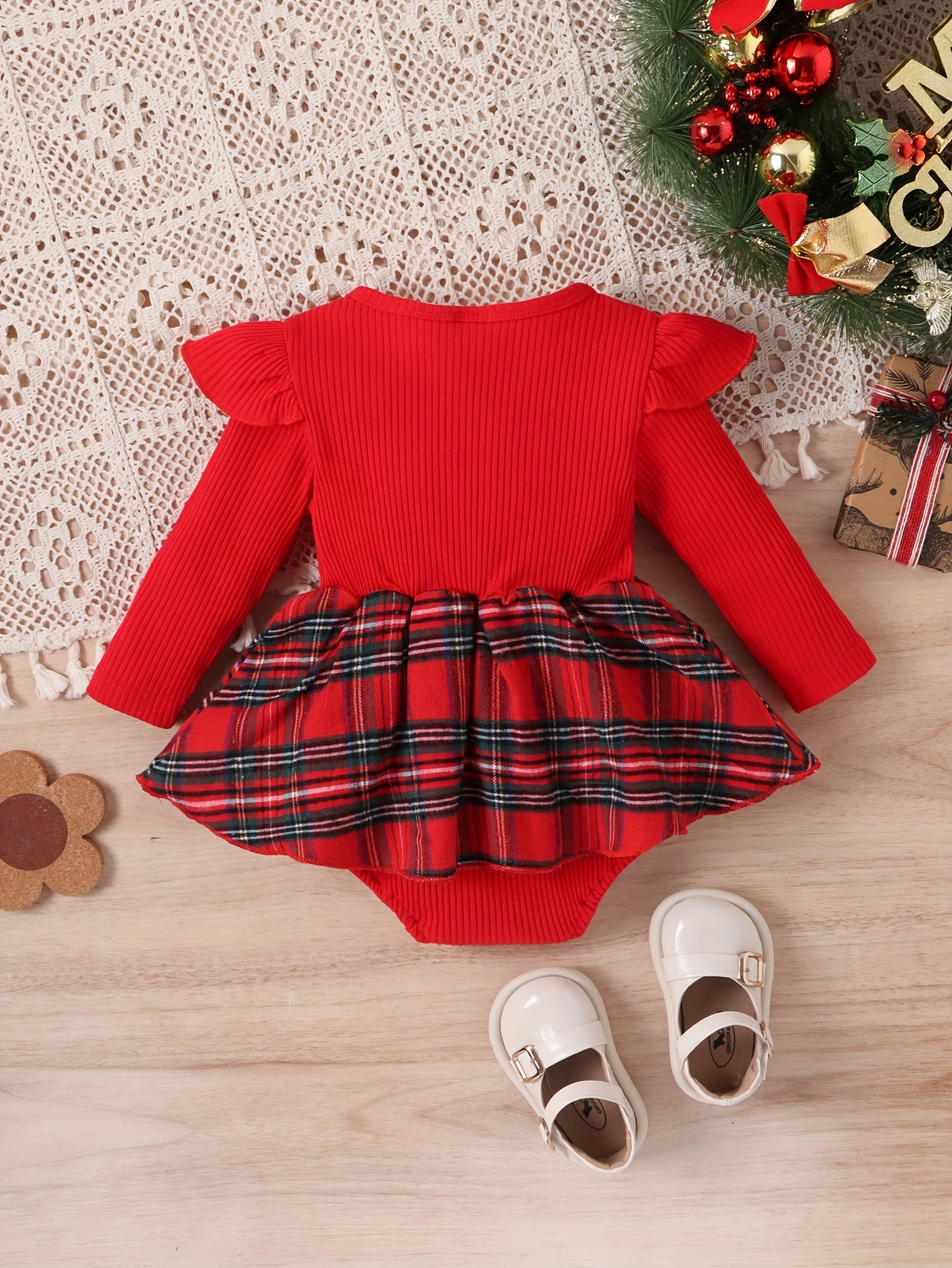 Baby Girls Cute Christmas Long-sleeved Plaid Dress Romper