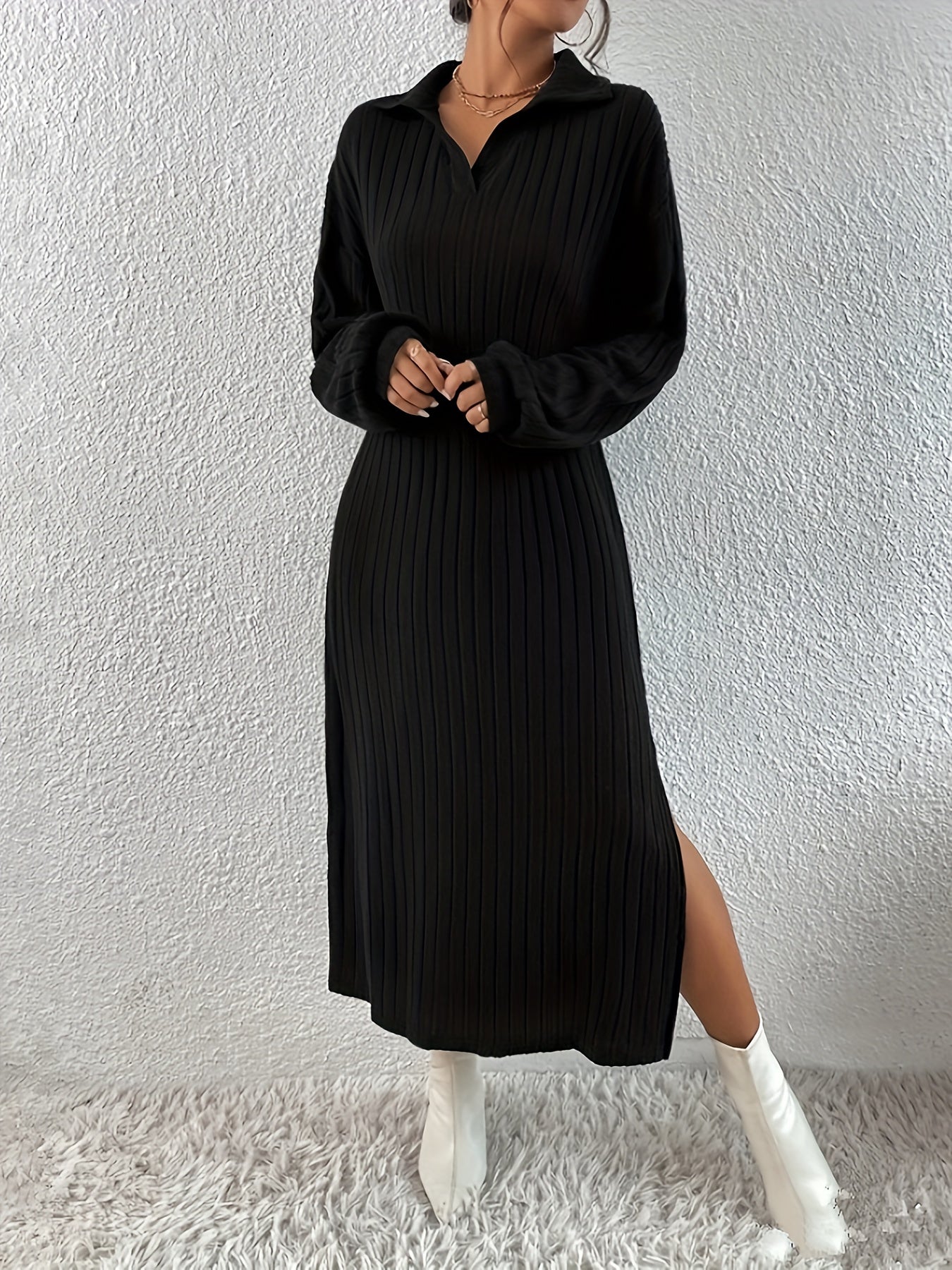 Solid Polo Neck Split Dress, Versatile Loose Long Sleeve Dress For Spring & Fall, Women's Clothing