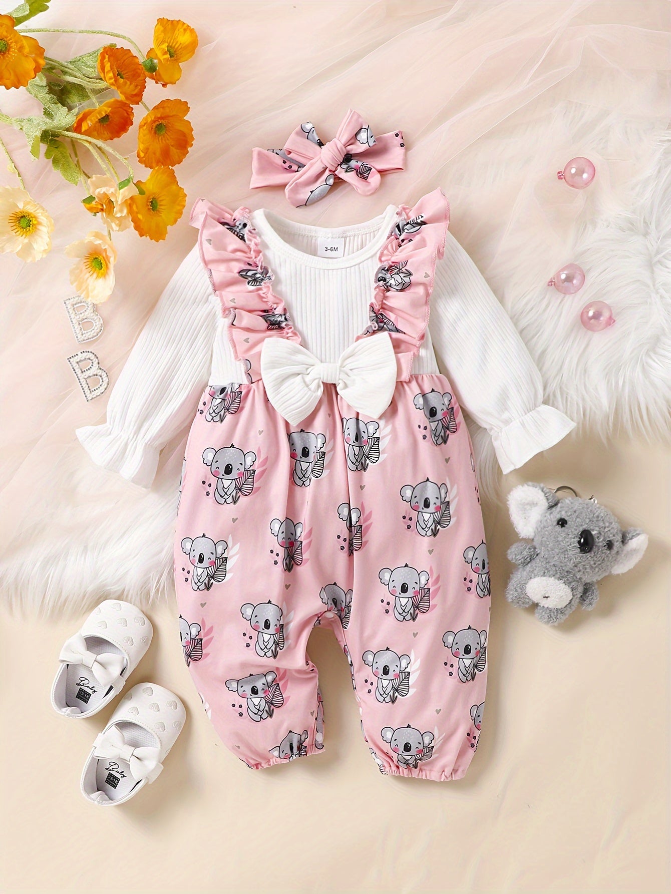 Baby Girls Romper Long Sleeve Cute Animal Print Jumpsuit & Headband