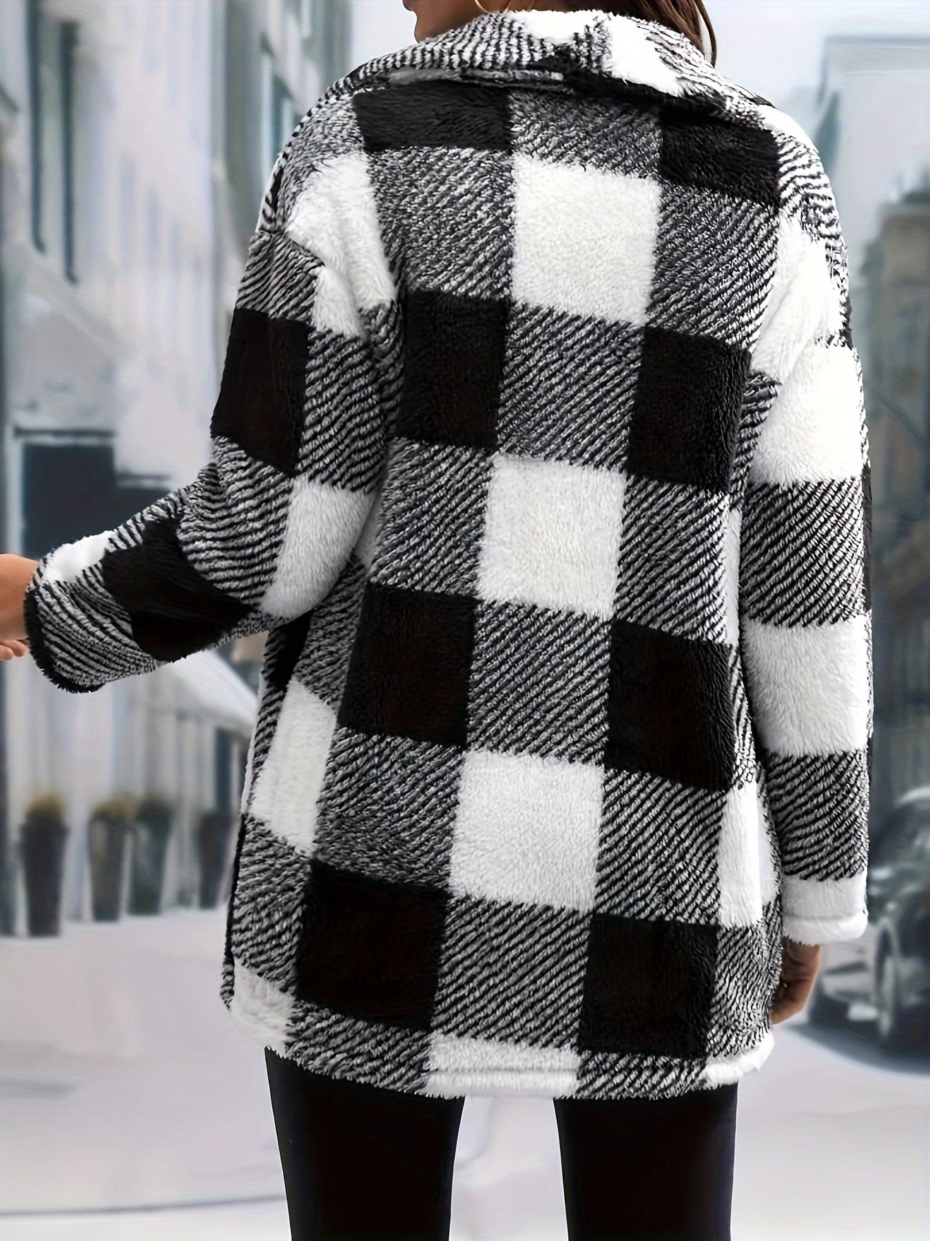Plaid Fuzzy Waterfall Collar Coat, Casual Open Front Winter Warm Outerwear, Women's Clothing