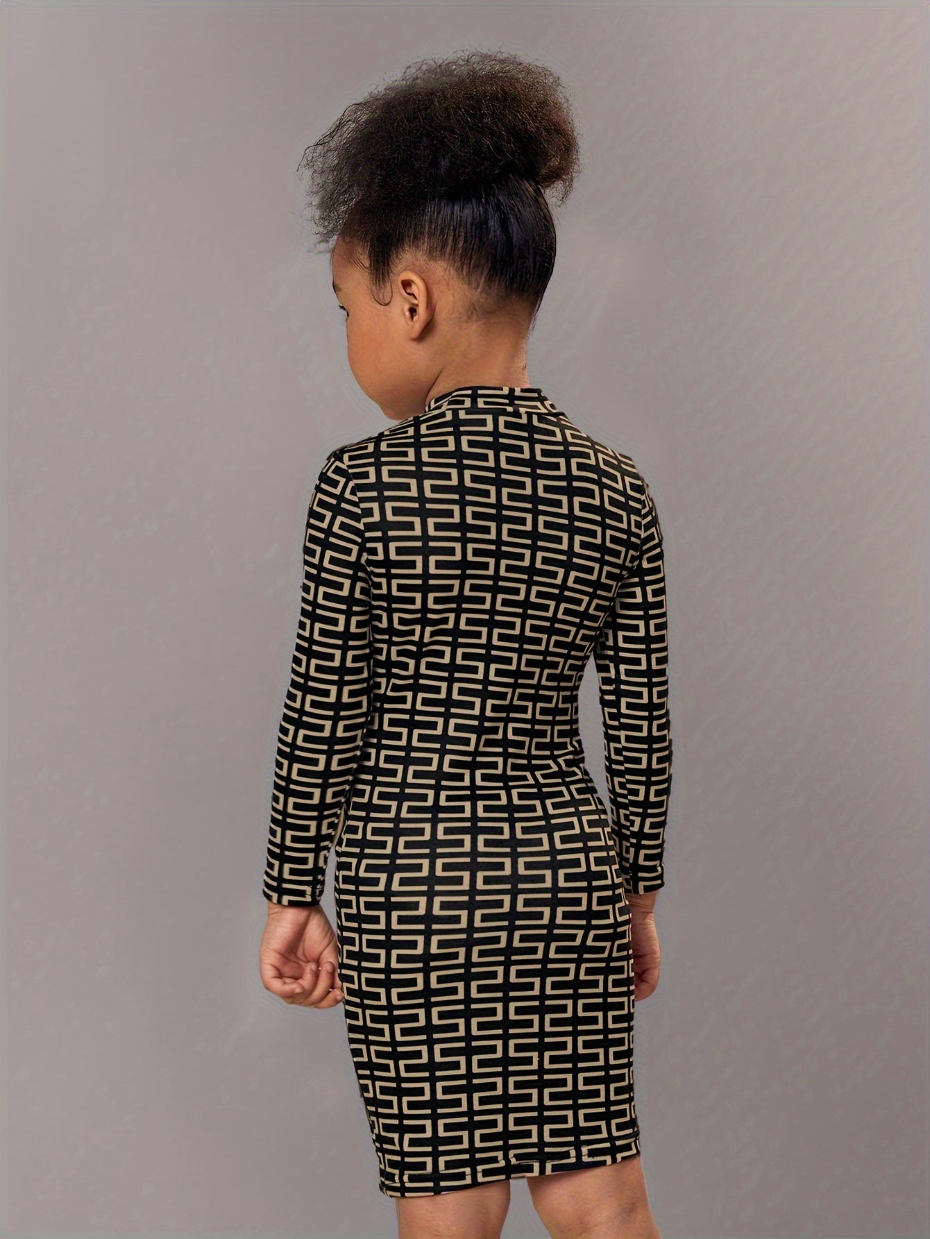Girls Elegant Geometric Print Mock Neck Long Sleeve Bodycon Dress For 4-7 Years Old, Spring And Autumn