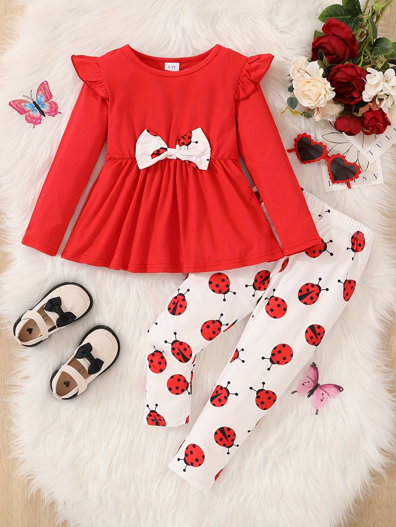 Baby Girl Baby Autumn Winter Outwear Outfit, Flutter Sleeve Splicing Bowknot Skirt Top &  Leaf Print Pants Set,