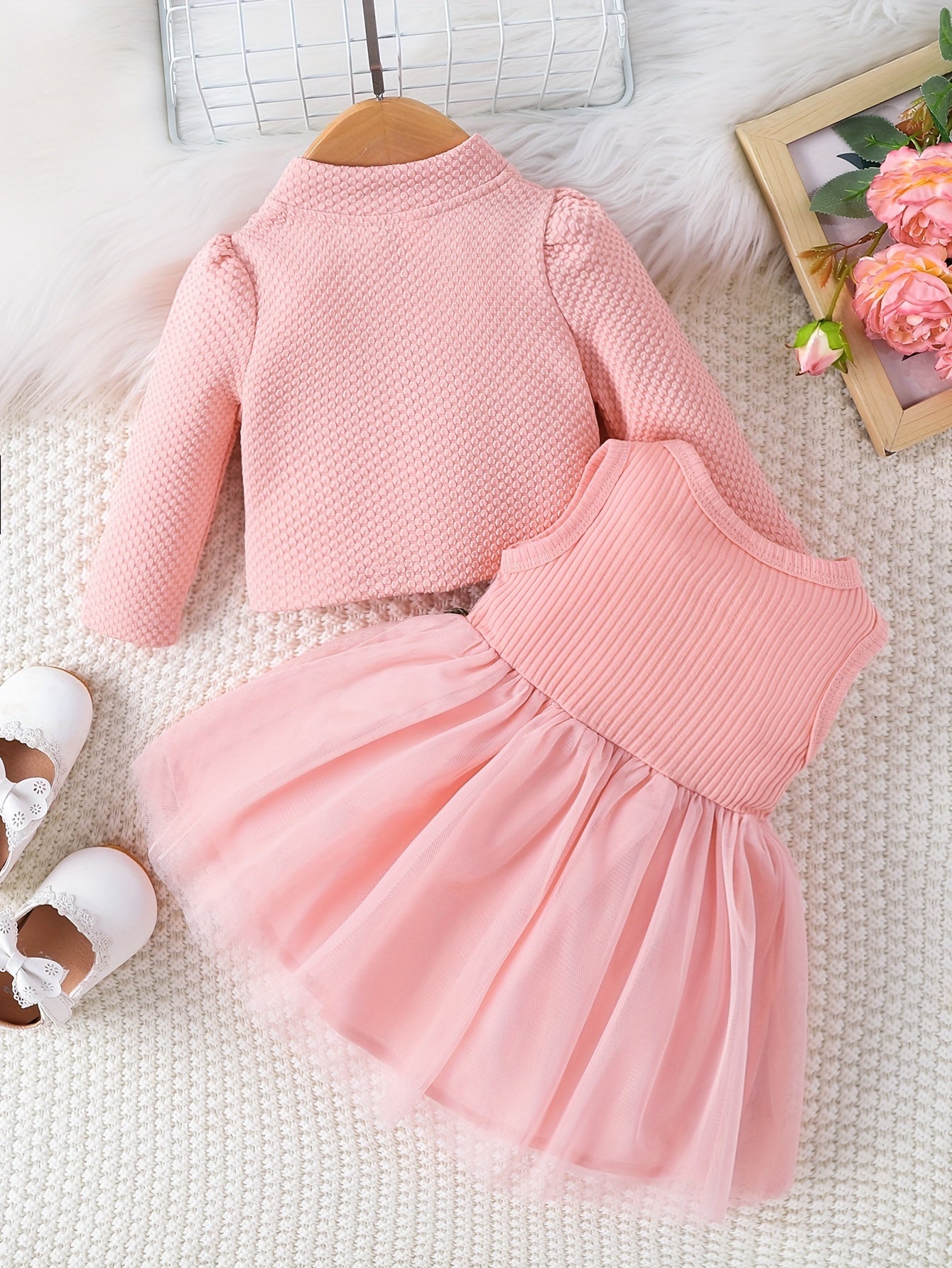 Sweet & Cute Infant Baby Girls Casual Dress Up, Single Breasted Long Sleeve Top Sleeveless Mesh Splicing Vest Skirt Set